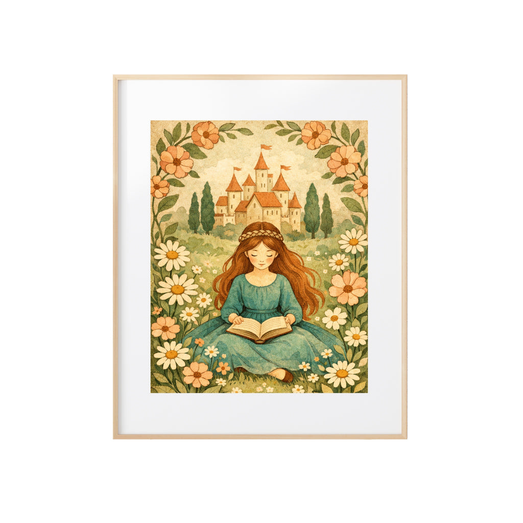 Princess Folk-Art Storybook Illustration for Cozy and Nostalgic Nursery or Children's Room Decor