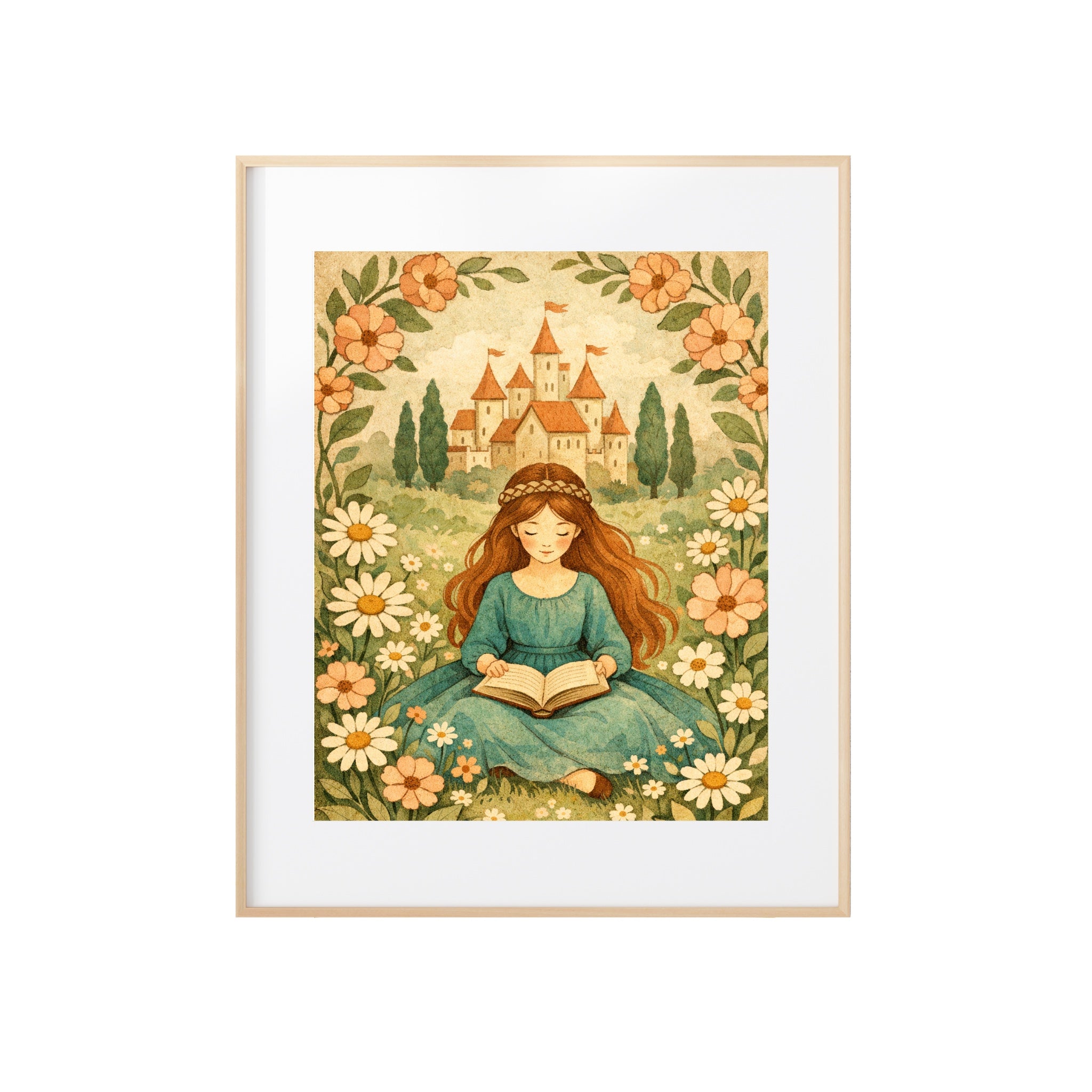 Princess Folk-Art Storybook Illustration for Cozy and Nostalgic Nursery or Children's Room Decor