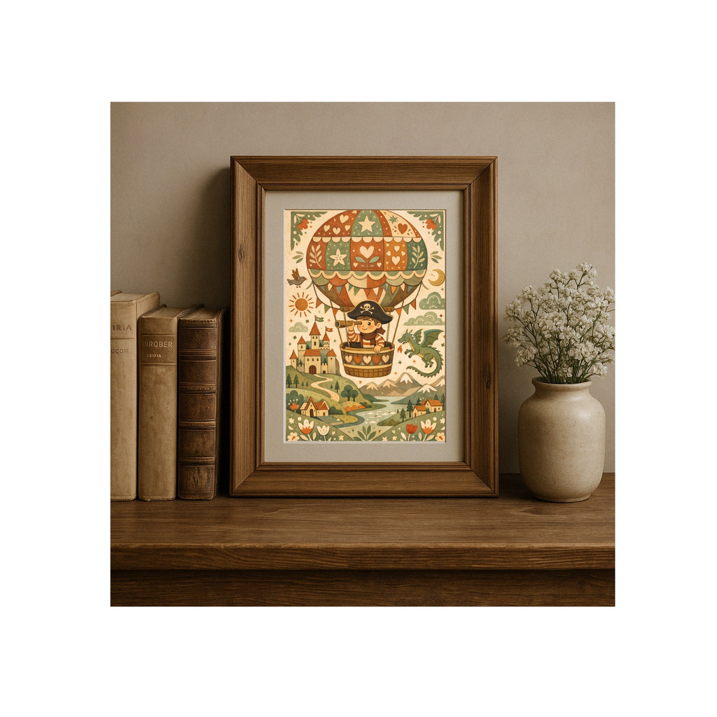Folk-Art Print Hot-Air Balloon Fantasy Storybook Illustration for Cozy and Nostalgic Nursery and Kids Room Wall Decor