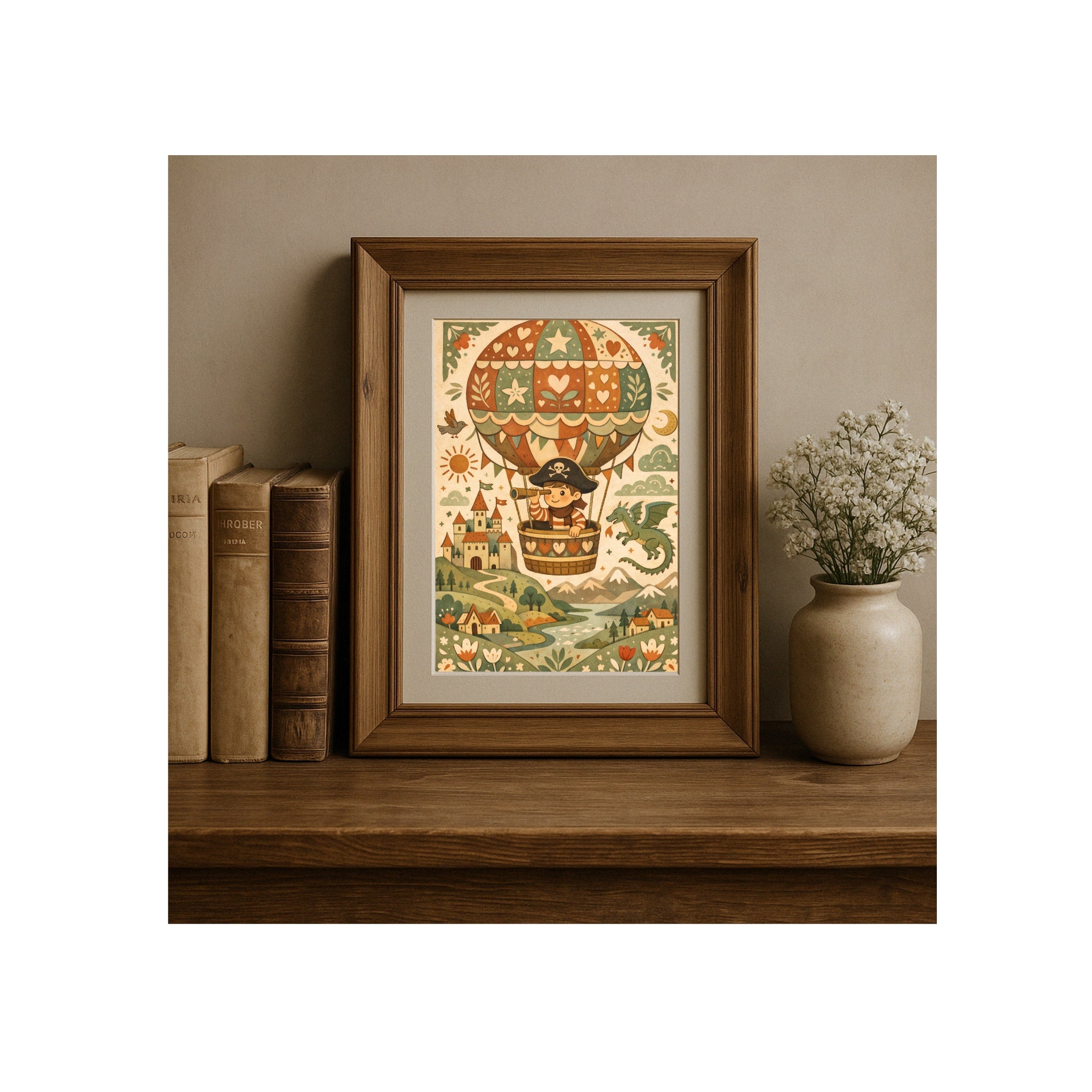 Folk-Art Print Hot-Air Balloon Fantasy Storybook Illustration for Cozy and Nostalgic Nursery and Kids Room Wall Decor