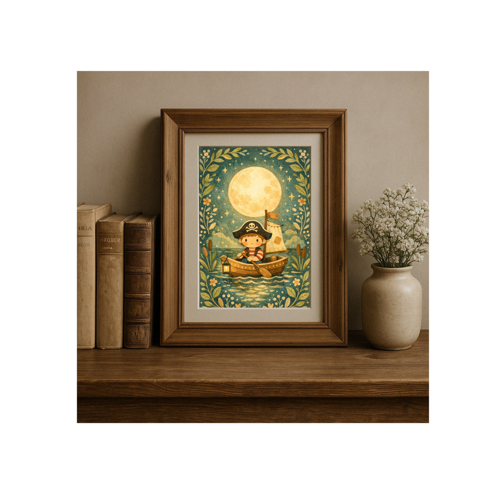 Folk-Art Pirate Dreaming Art Print Fantasy Storybook Illustration for Cozy and Nostalgic Nursery or Kids Room Decor