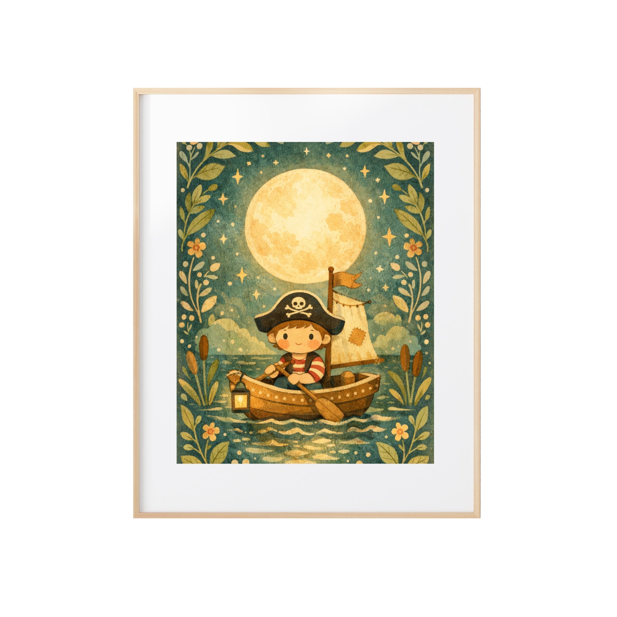 Folk-Art Pirate Dreaming Art Print Fantasy Storybook Illustration for Cozy and Nostalgic Nursery or Kids Room Decor
