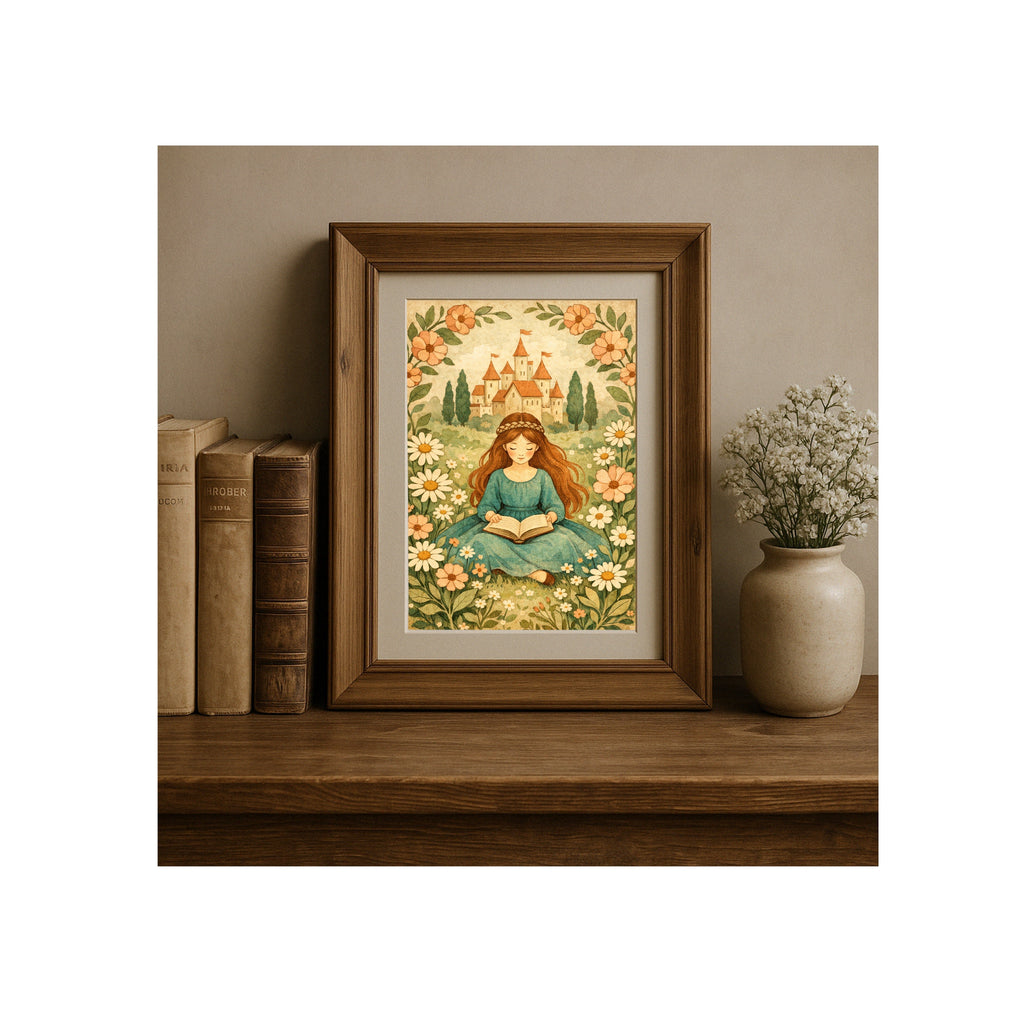 Princess Folk-Art Storybook Illustration for Cozy and Nostalgic Nursery or Children's Room Decor