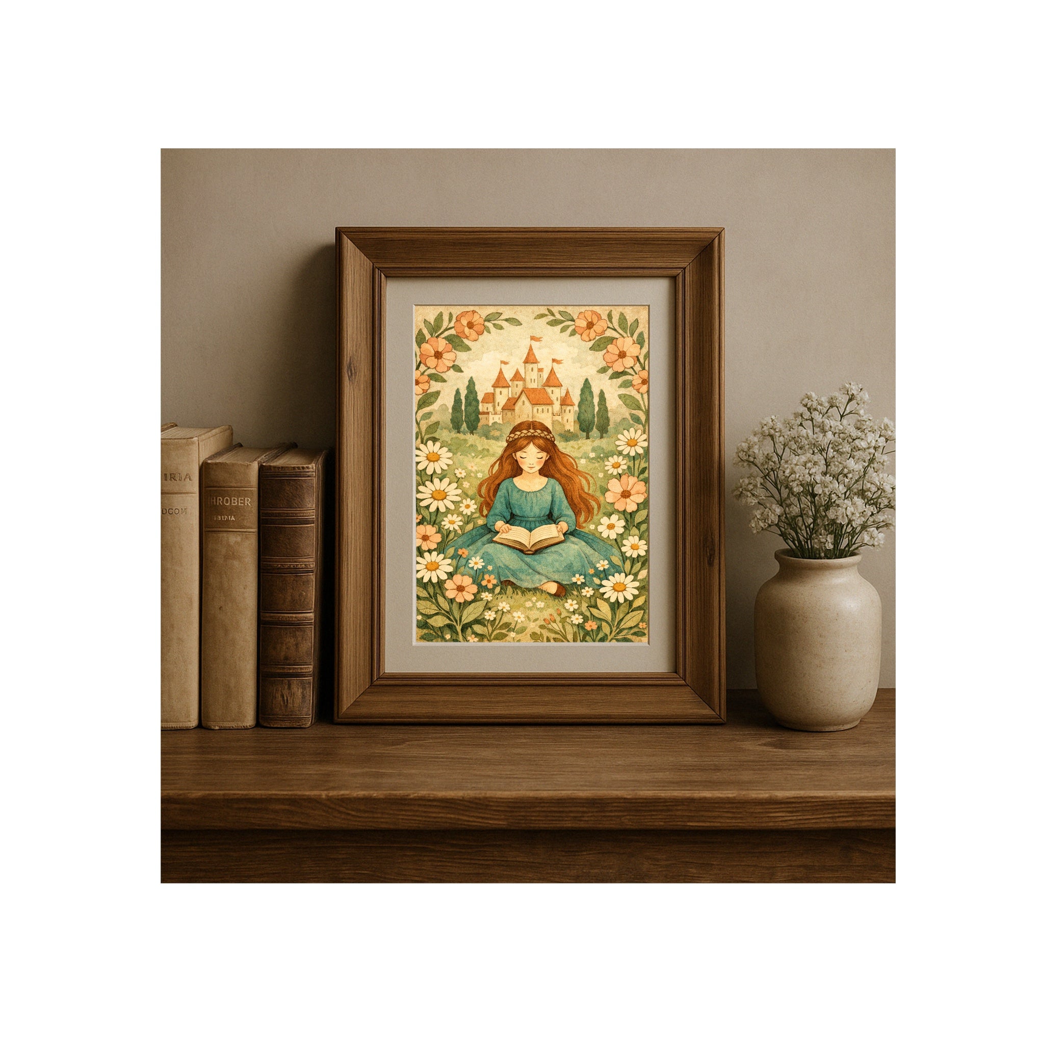 Princess Folk-Art Storybook Illustration for Cozy and Nostalgic Nursery or Children's Room Decor