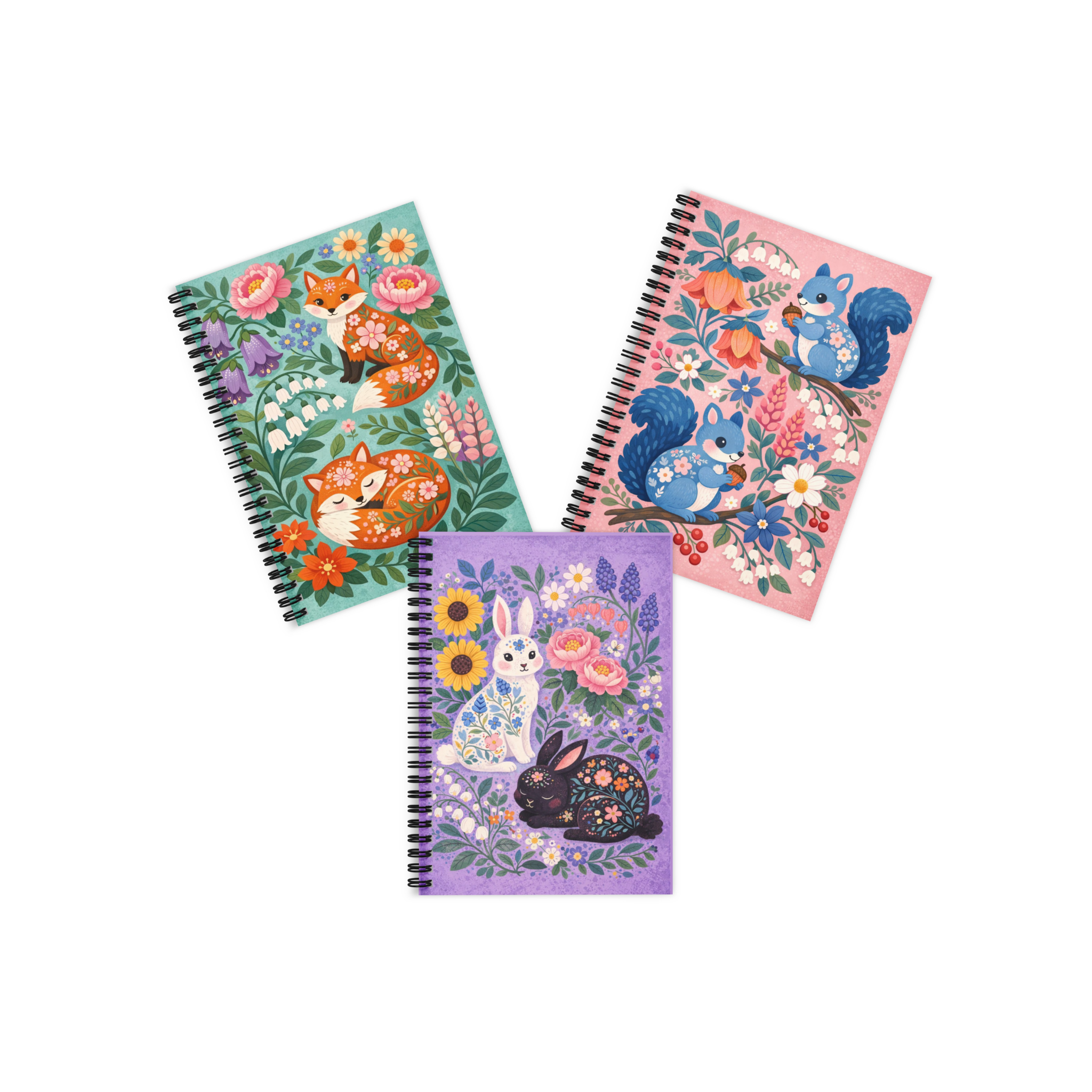 Floral Fox Folk-Art Ruled Line Spiral Notebook