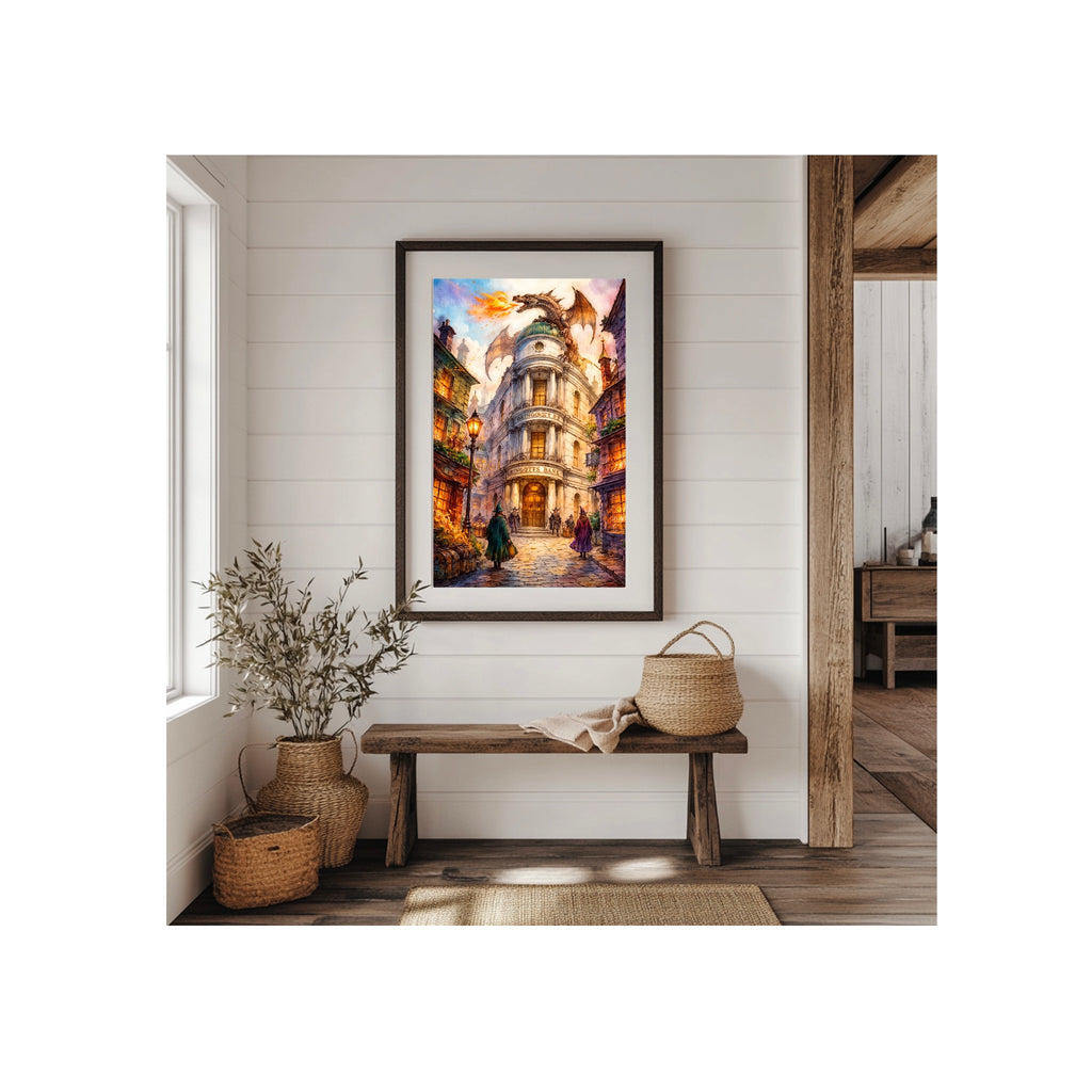 Wizard Bank Art Print Fantasy World Watercolor Painting Dragon Artwork Book Gallery Wall Decor