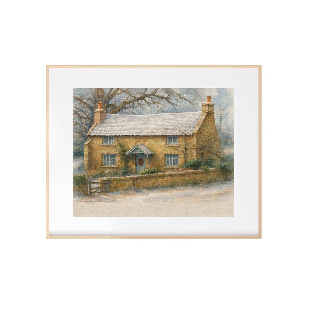 Rosehill Cottage Watercolor Painting Holiday Art Print Christmas Wall Decor