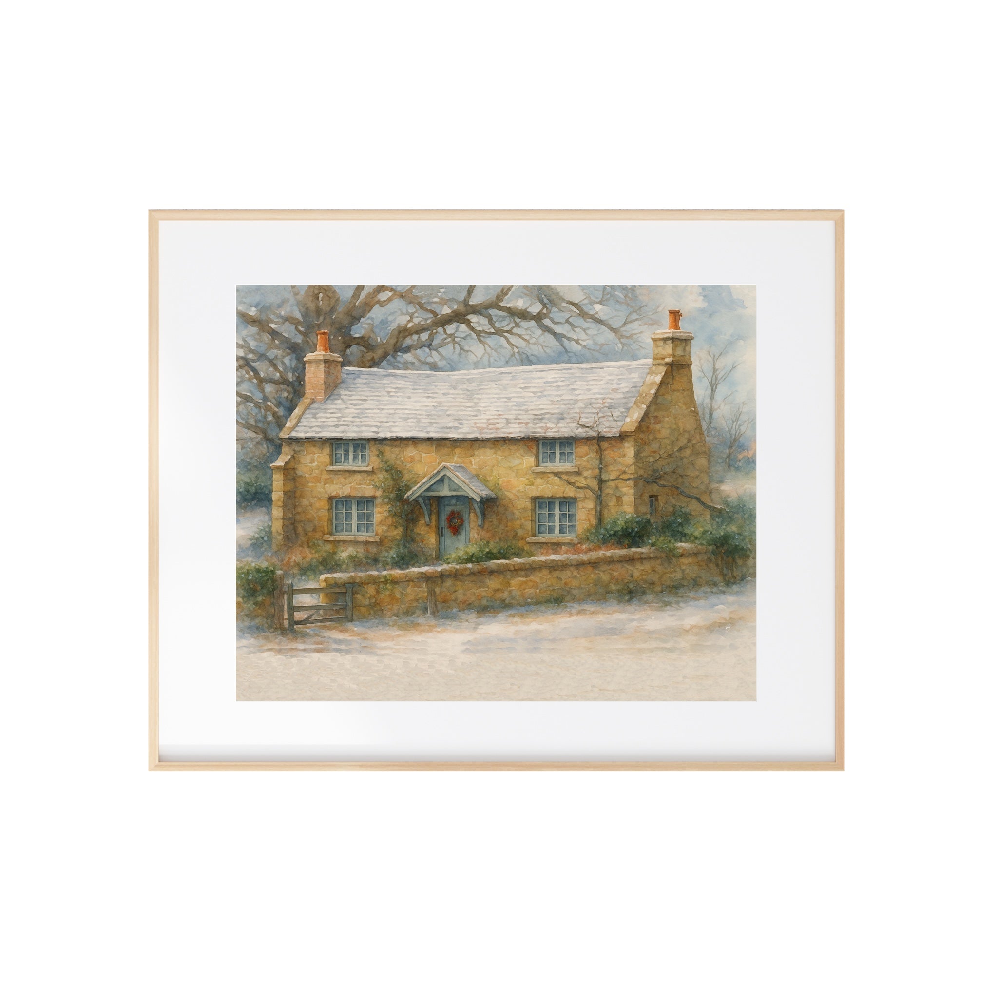 Rosehill Cottage Watercolor Painting Holiday Art Print Christmas Wall Decor