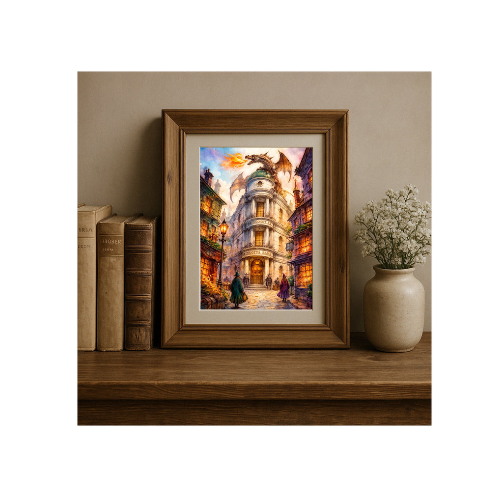 Wizard Bank Art Print Fantasy World Watercolor Painting Dragon Artwork Book Gallery Wall Decor