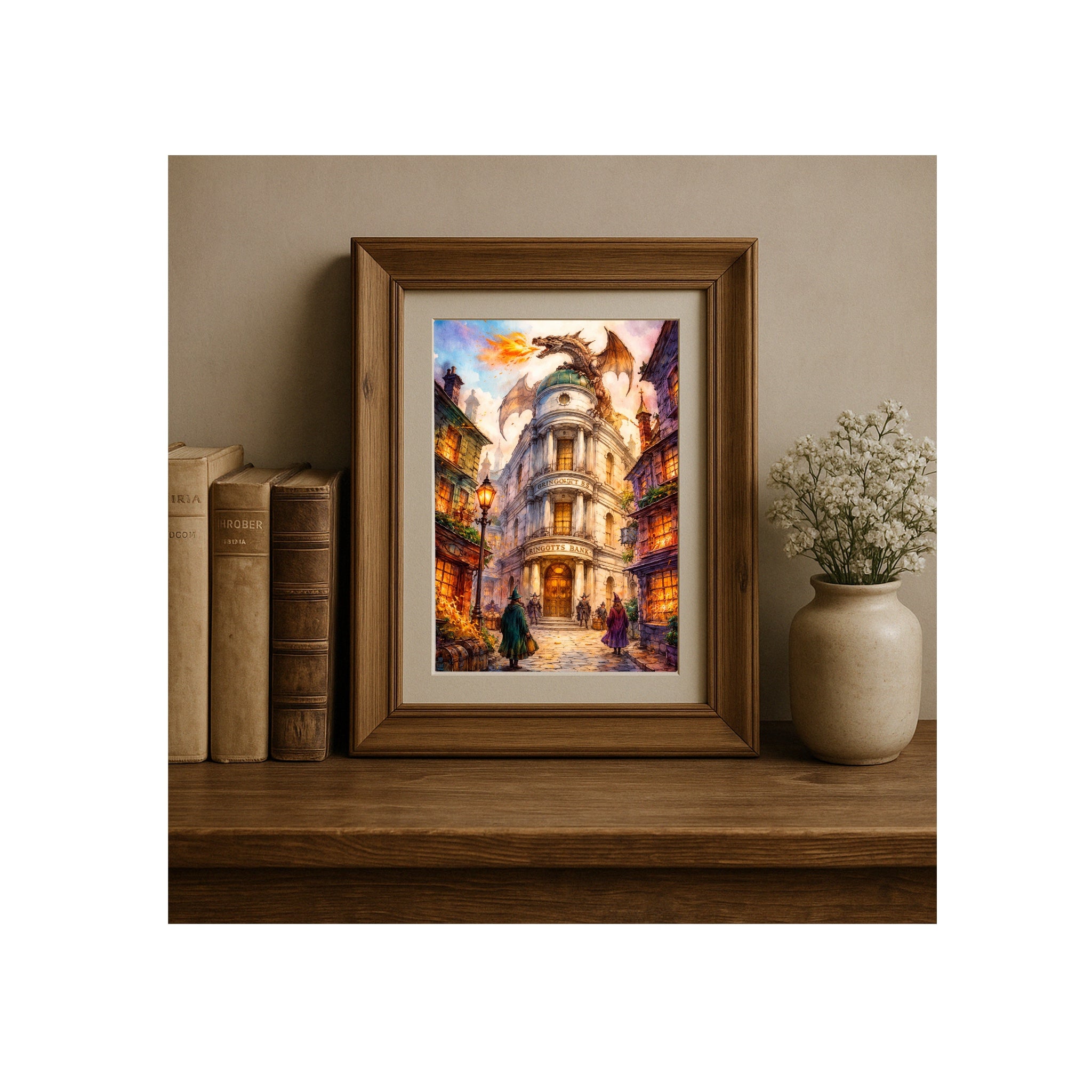 Wizard Bank Art Print Fantasy World Watercolor Painting Dragon Artwork Book Gallery Wall Decor