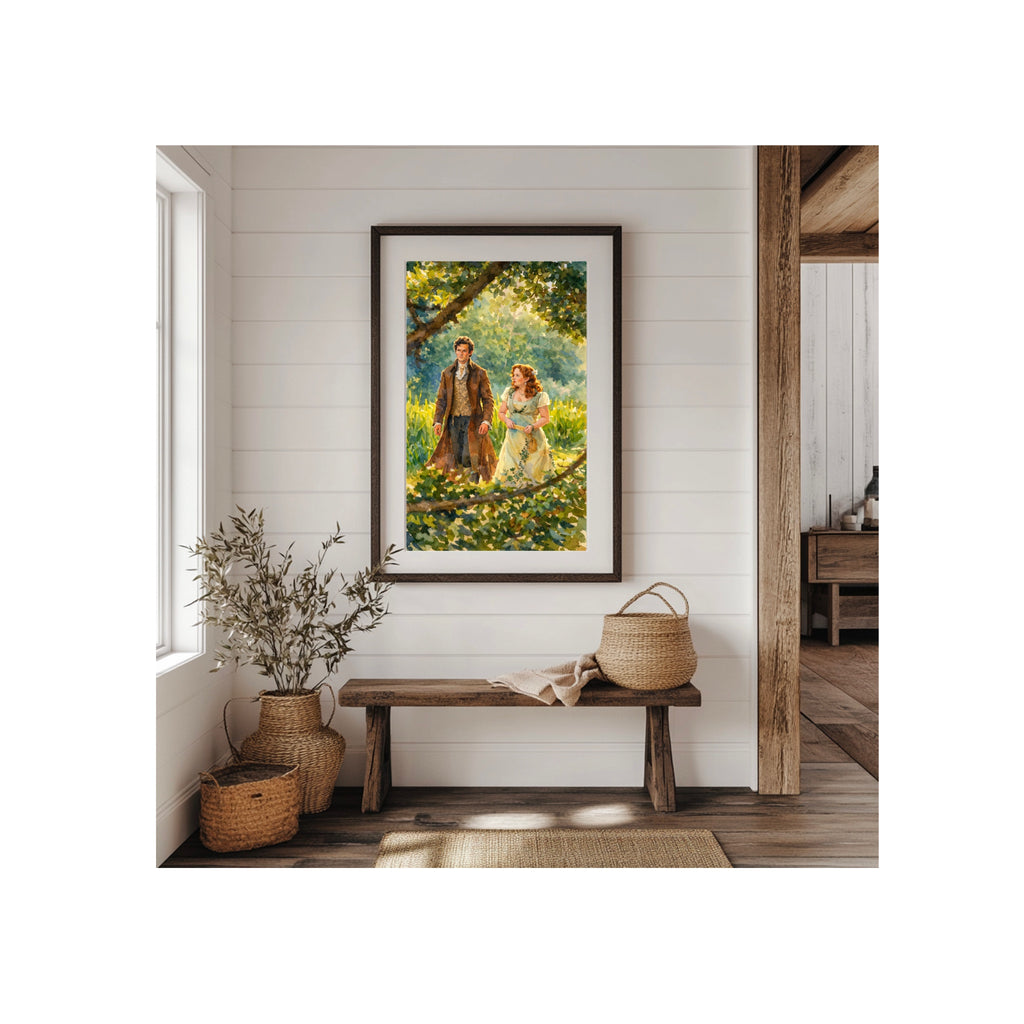 Colin and Pen's Stroll Through the Park Art Print Regency Era Watercolor Painting Romantic Book Decor Landscape Nature Artwork