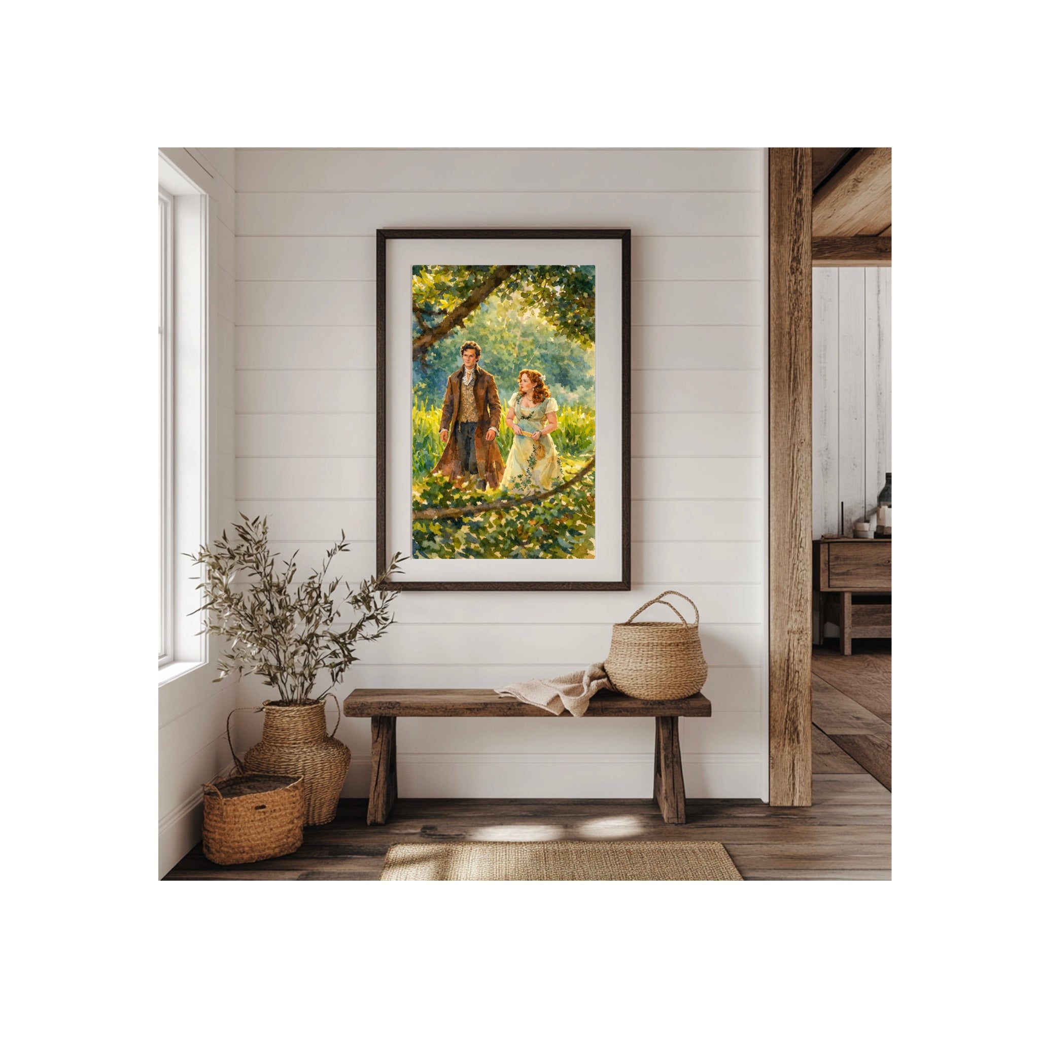 Colin and Pen's Stroll Through the Park Art Print Regency Era Watercolor Painting Romantic Book Decor Landscape Nature Artwork