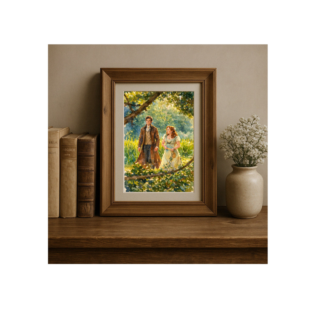 Colin and Pen's Stroll Through the Park Art Print Regency Era Watercolor Painting Romantic Book Decor Landscape Nature Artwork