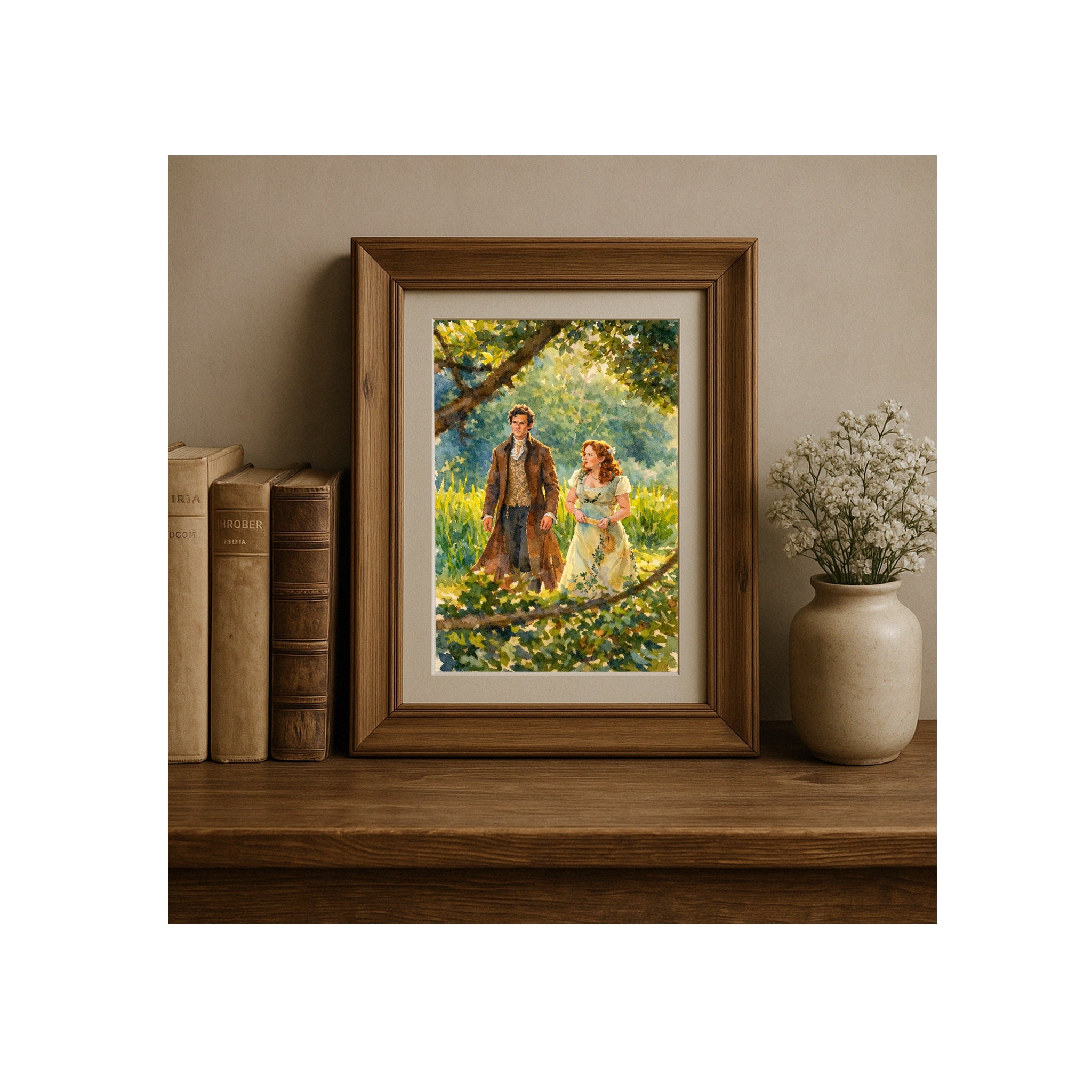 Colin and Pen's Stroll Through the Park Art Print Regency Era Watercolor Painting Romantic Book Decor Landscape Nature Artwork
