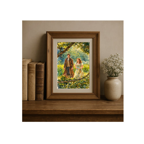 Colin and Pen's Stroll Through the Park Art Print Regency Era Watercolor Painting Romantic Book Decor Landscape Nature Artwork