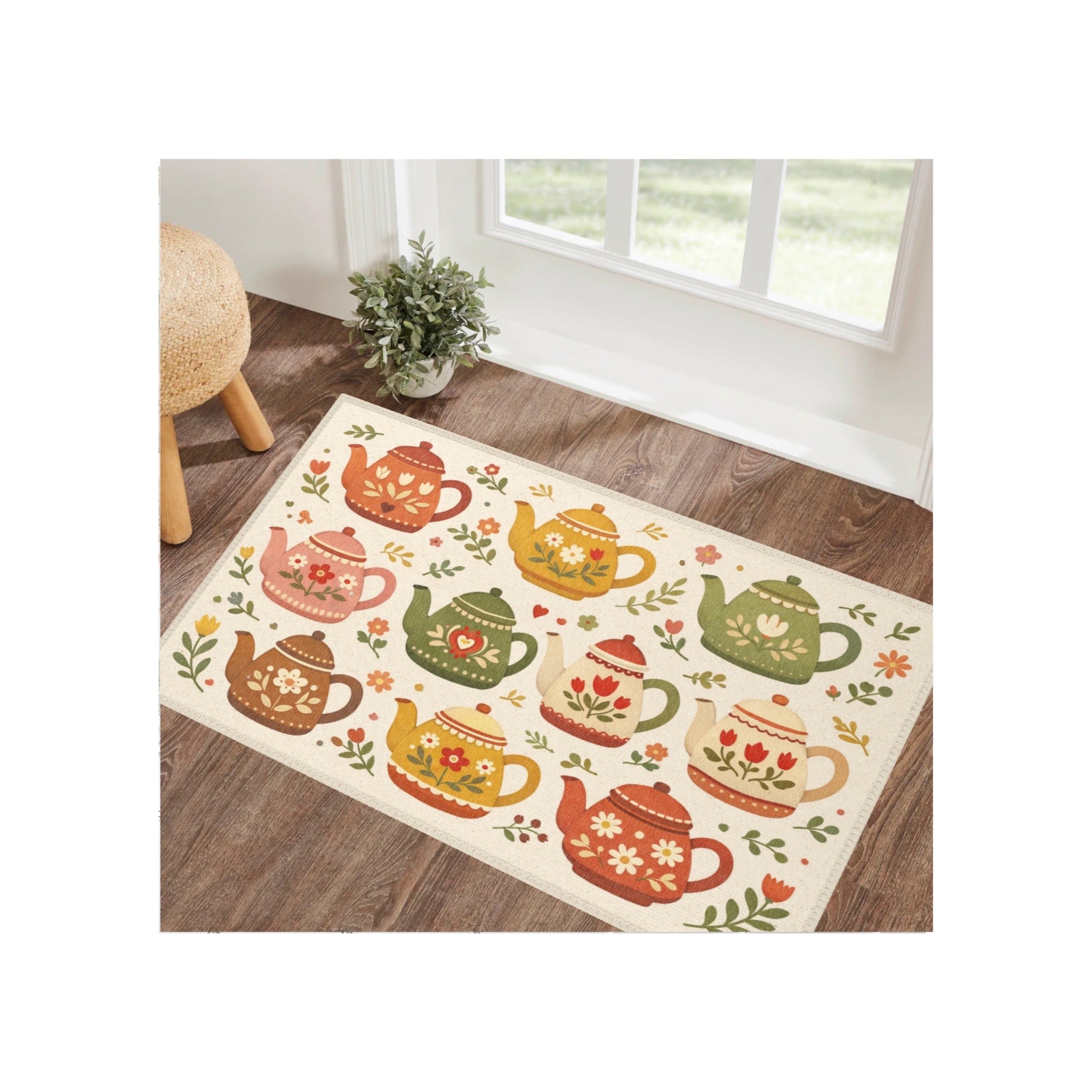 Scandinavian Folk-Art Teapot Accent Rug