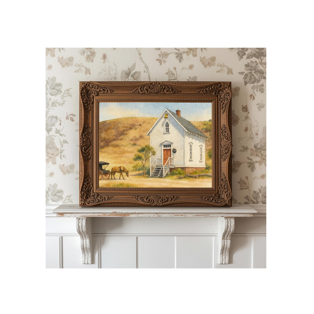 Walnut Grove Schoolhouse Art Print Old West Church Watercolor Painting Book Gallery Wall Decor