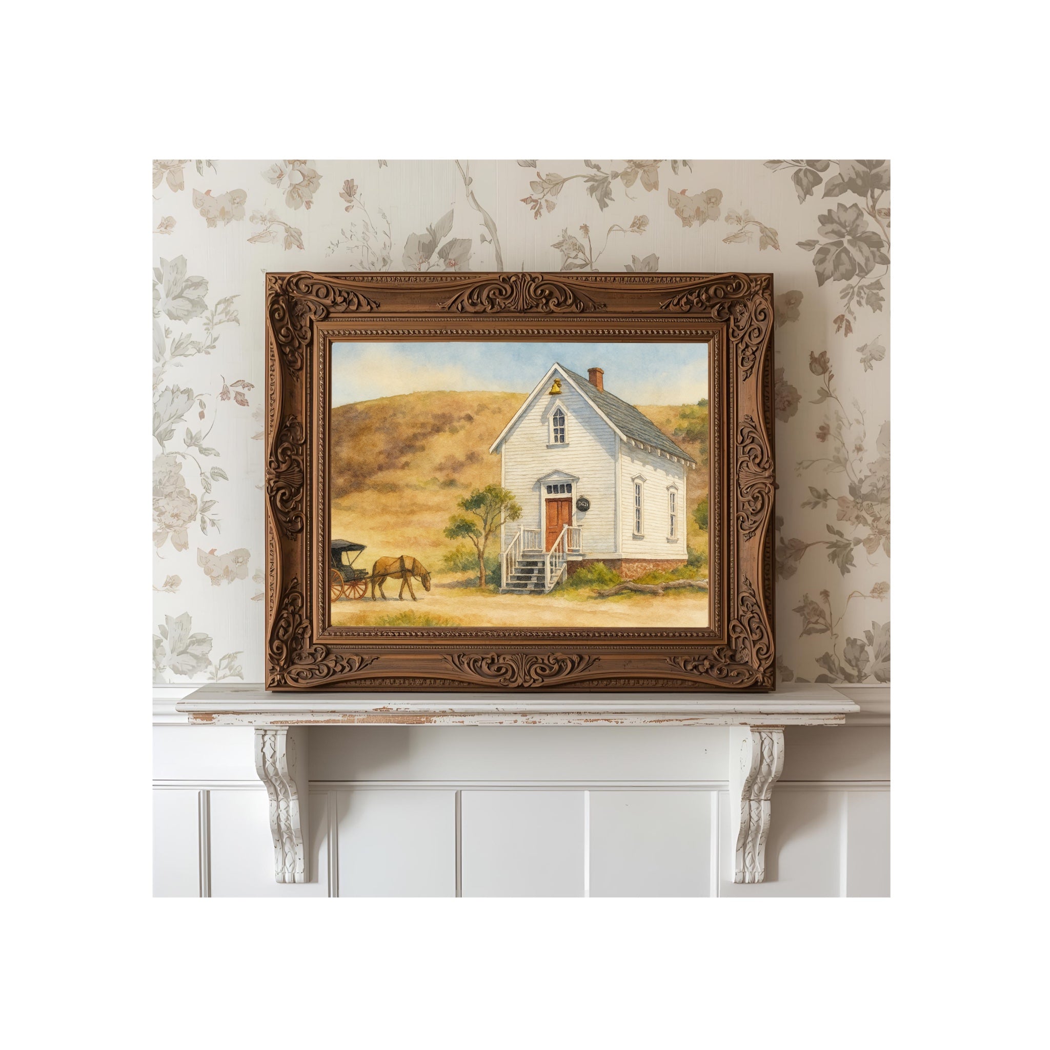 Walnut Grove Schoolhouse Art Print Old West Church Watercolor Painting Book Gallery Wall Decor