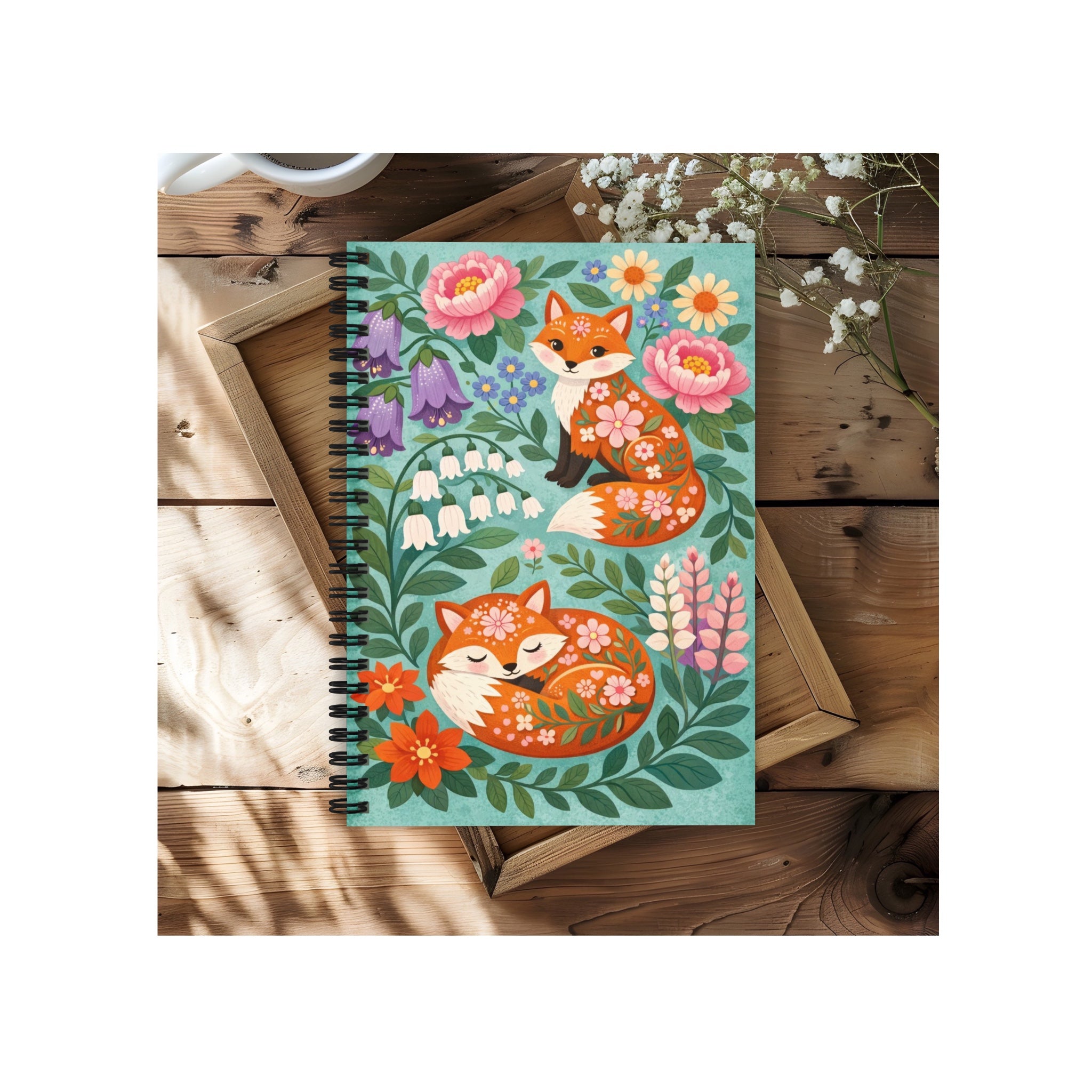 Floral Fox Folk-Art Ruled Line Spiral Notebook