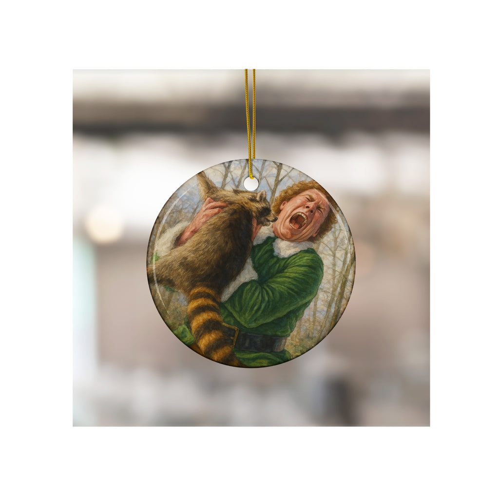 Buddy vs Racoon Funny Ceramic Christmas Ornament