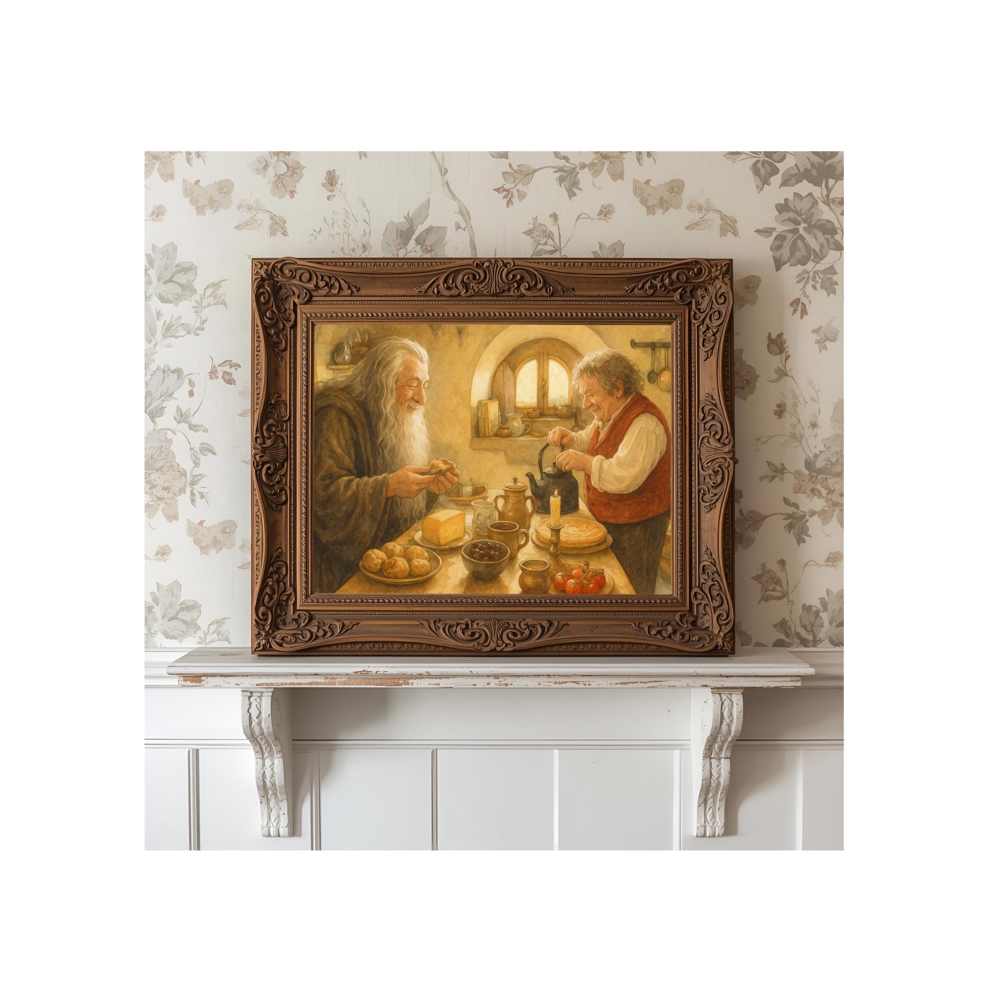 Teatime with a Wizard Art Print Friendship Watercolor Painting Fantasy Book Gallery Wall Kitchen Decor
