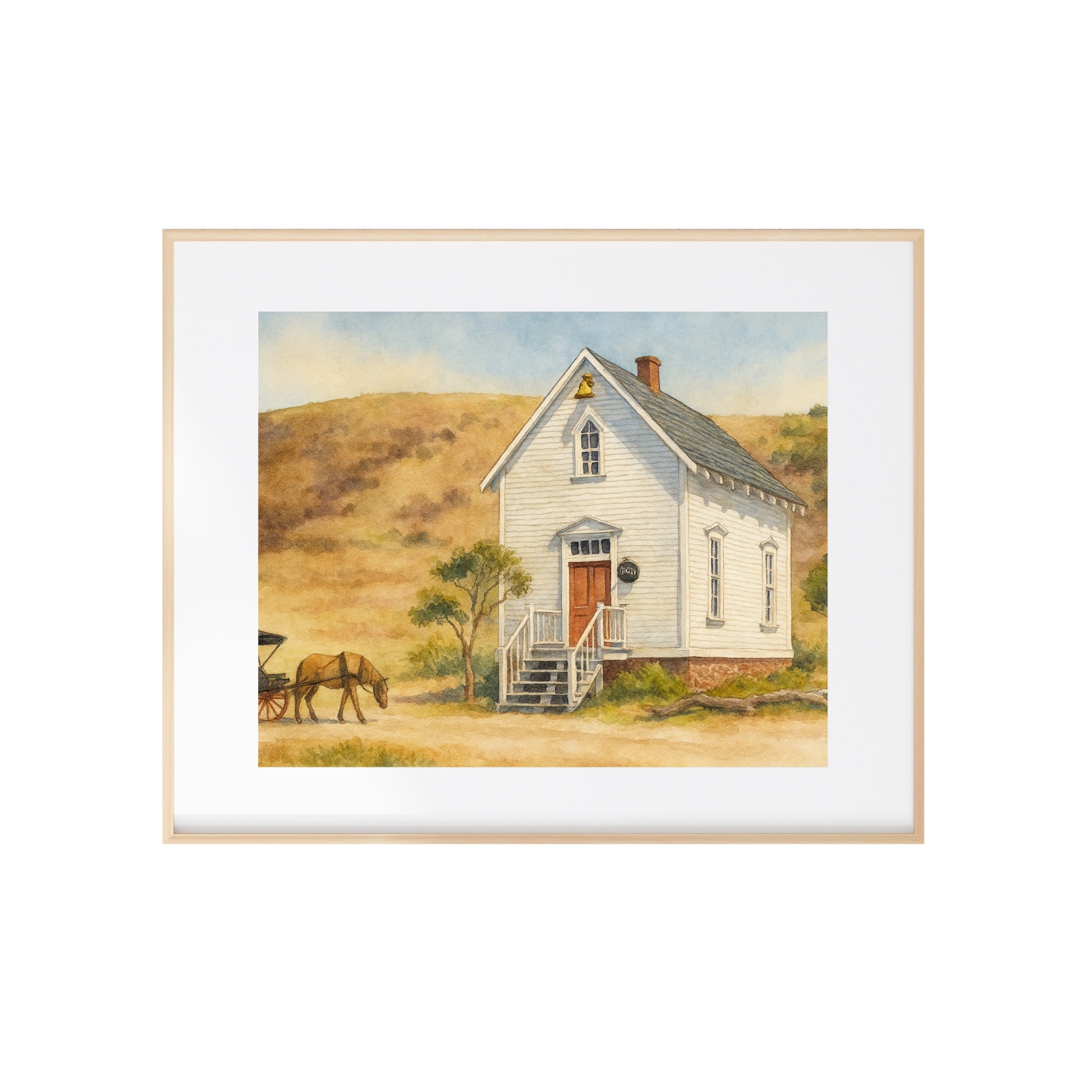 Walnut Grove Schoolhouse Art Print Old West Church Watercolor Painting Book Gallery Wall Decor
