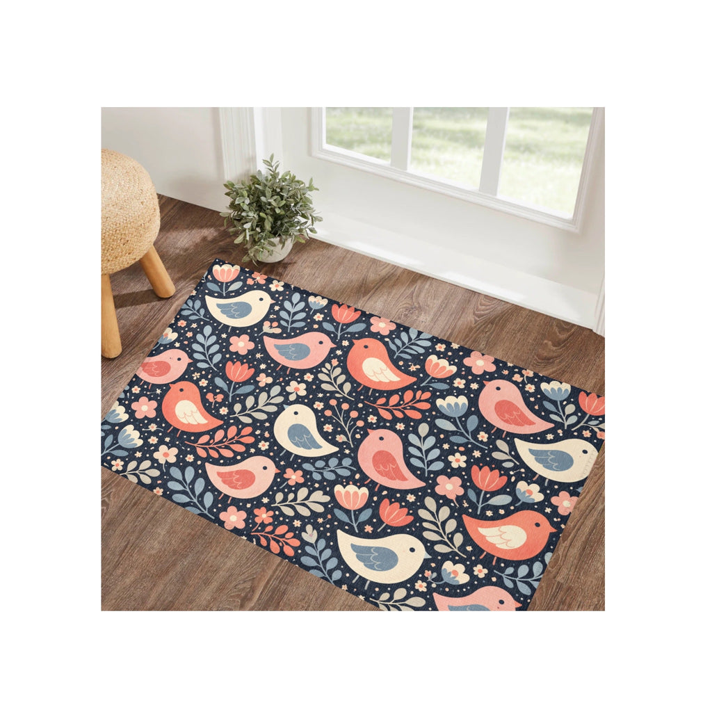 Scandinavian Floral Bird Art Accent Rug