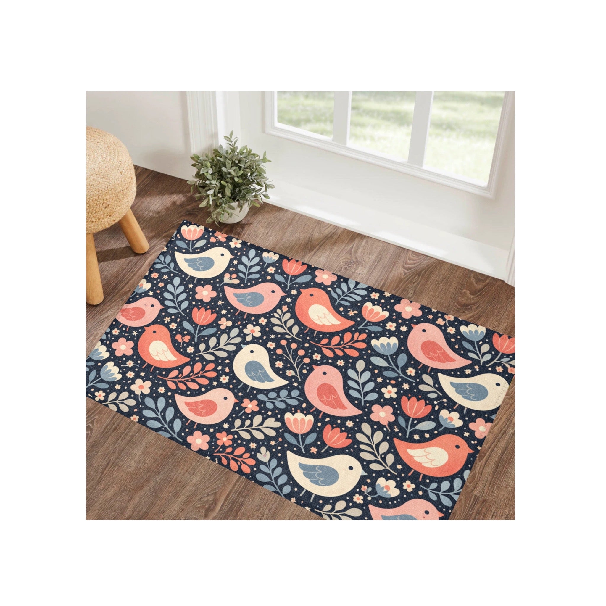 Scandinavian Floral Bird Art Accent Rug