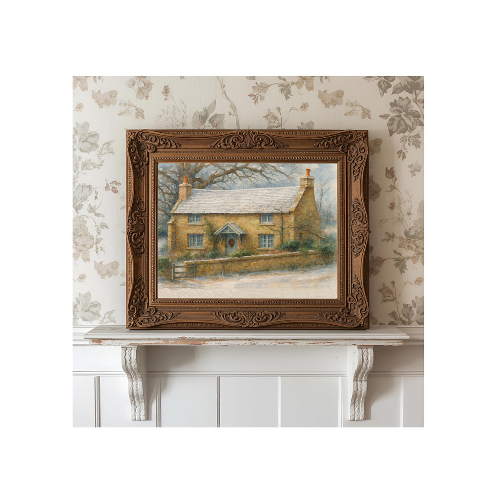 Rosehill Cottage Watercolor Painting Holiday Art Print Christmas Wall Decor