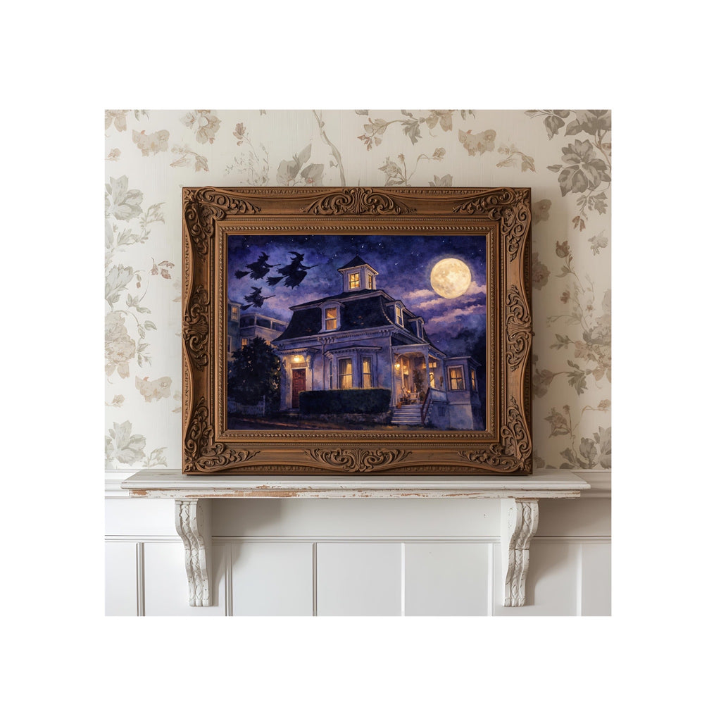 Salem's Favorite Witch Sisters Art Print Halloween Night Watercolor Painting Flying Broomsticks and Full Moon Artwork Spooky Holiday Wall Decor