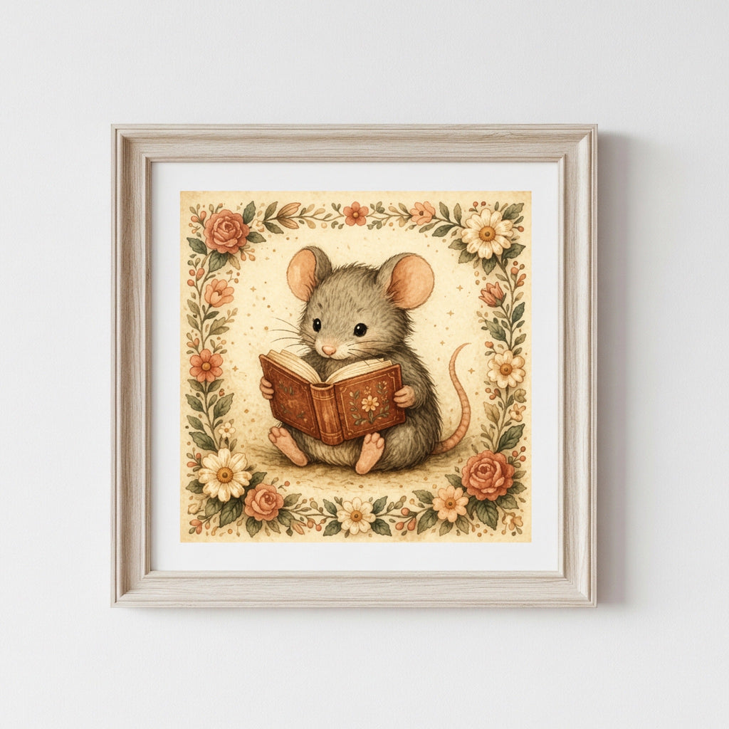 Little Mouse Reading Art Print Floral Storybook Illustration for Children's Room