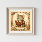 Little Mouse Reading Art Print Floral Storybook Illustration for Children's Room