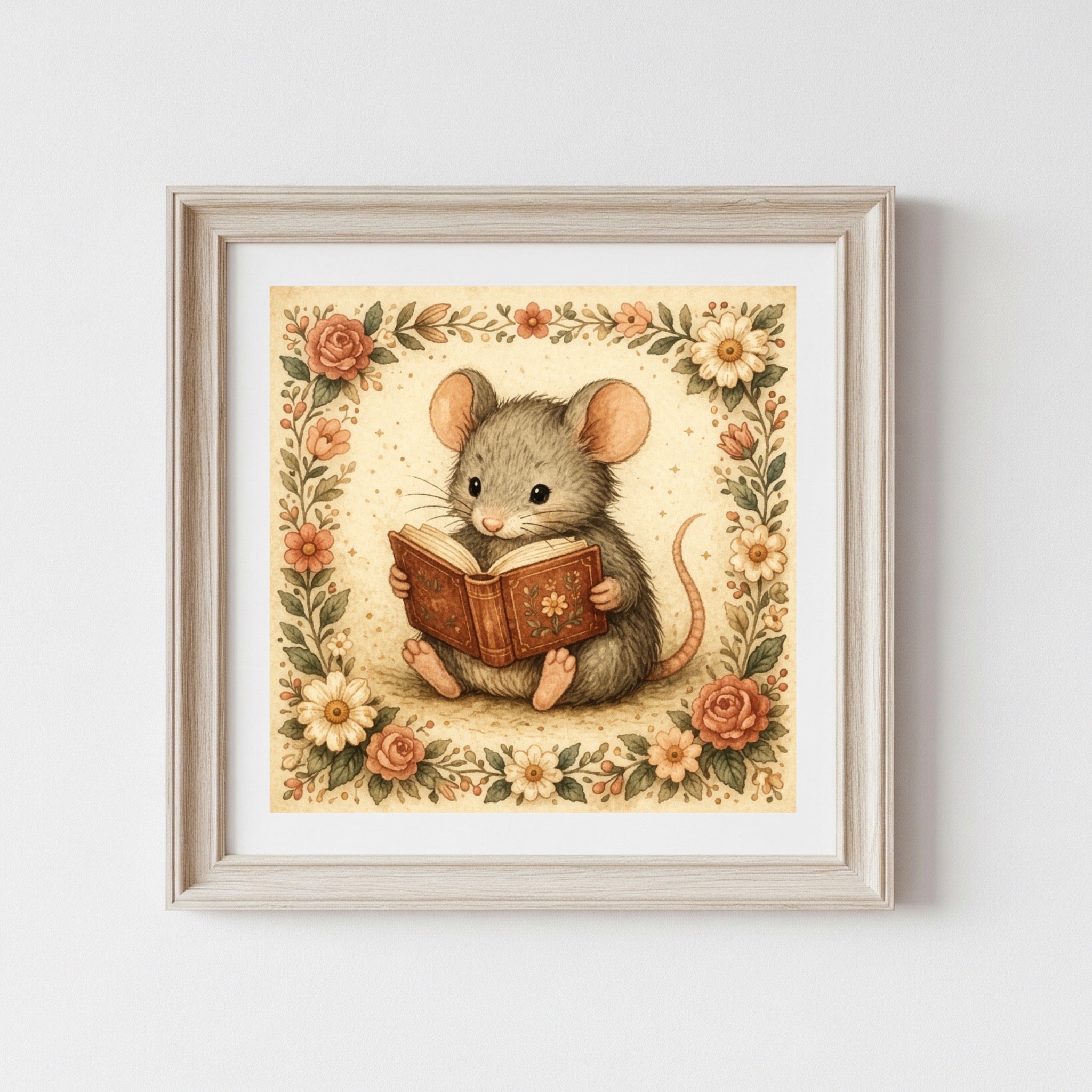 Little Mouse Reading Art Print Floral Storybook Illustration for Children's Room