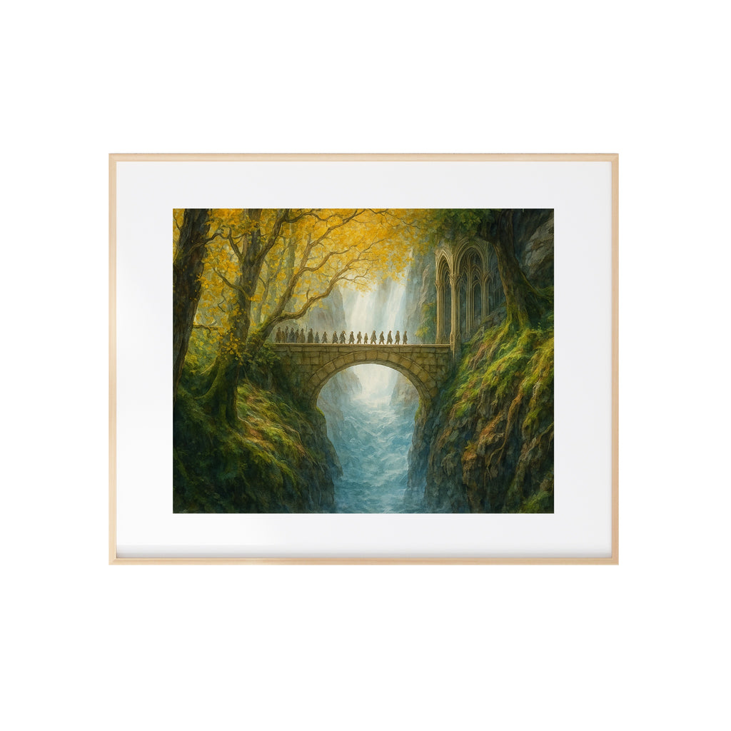 A Fellowship Crosses the Bridge Art Print Fantasy World Watercolor Painting Adventure Book Wall Decor