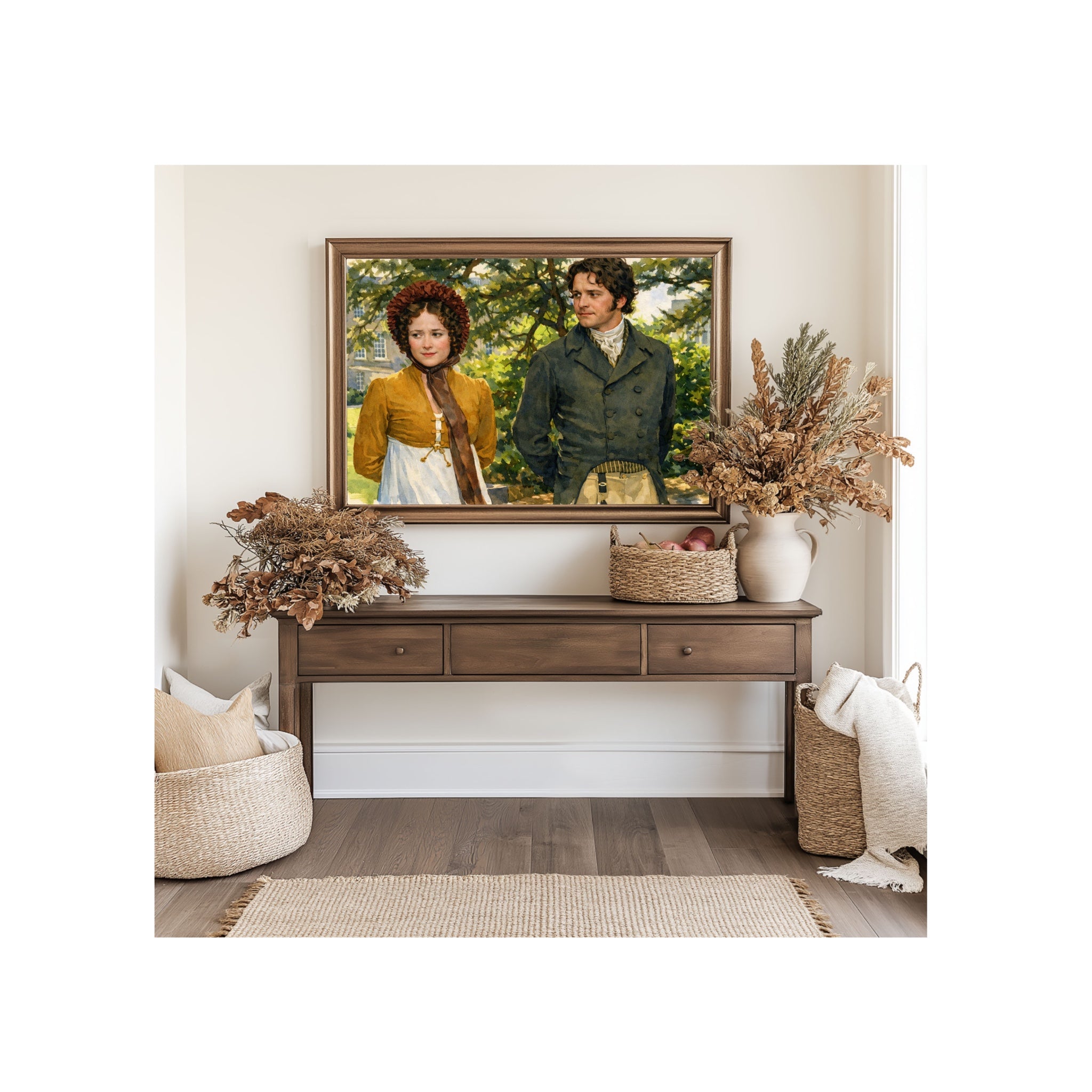 Mr. Darcy and Elizabeth's Pemberley Stroll Art Print Pride and Prejudice Watercolor Painting Jane Austen Artwork Gallery Regency Era Wall Decor