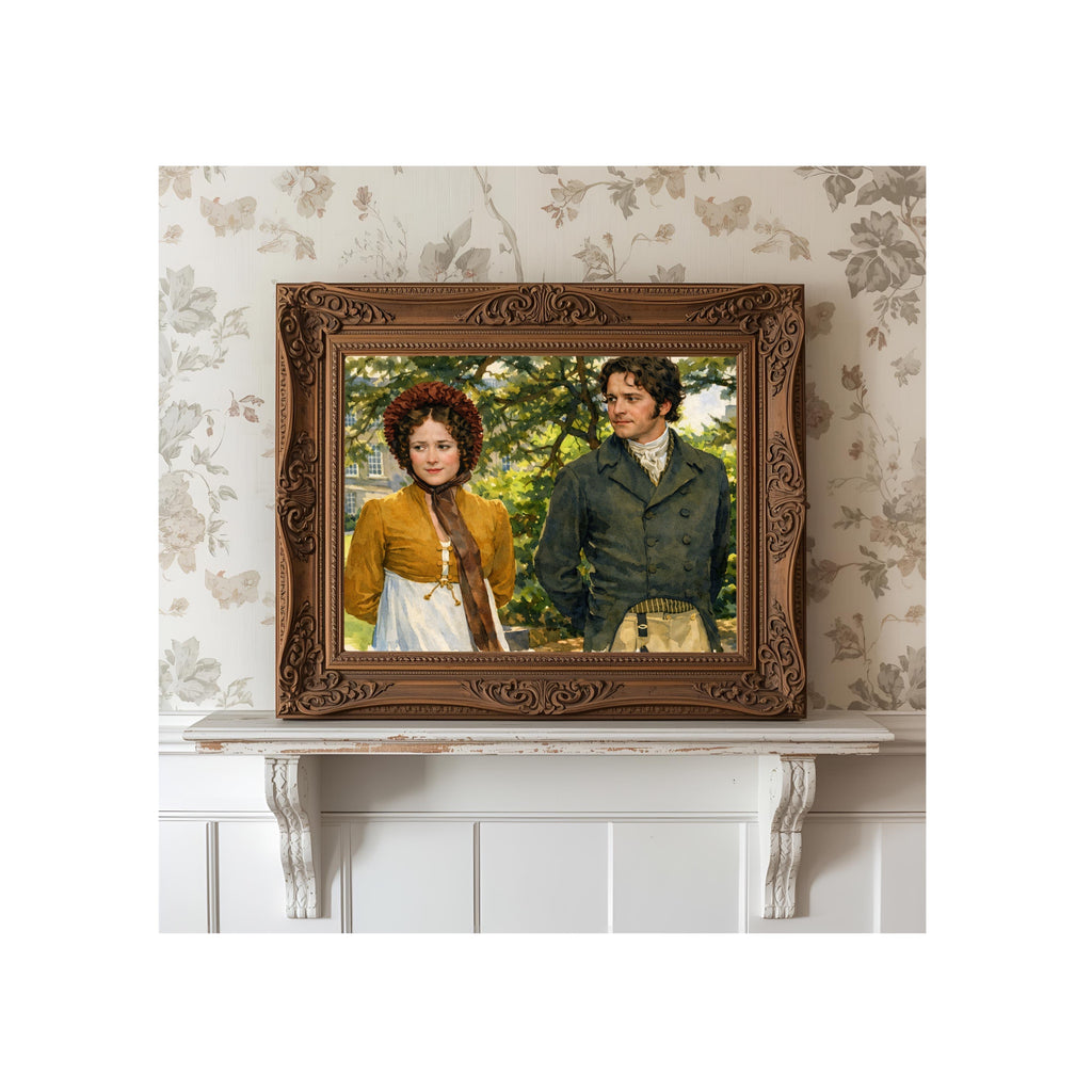 Mr. Darcy and Elizabeth's Pemberley Stroll Art Print Pride and Prejudice Watercolor Painting Jane Austen Artwork Gallery Regency Era Wall Decor