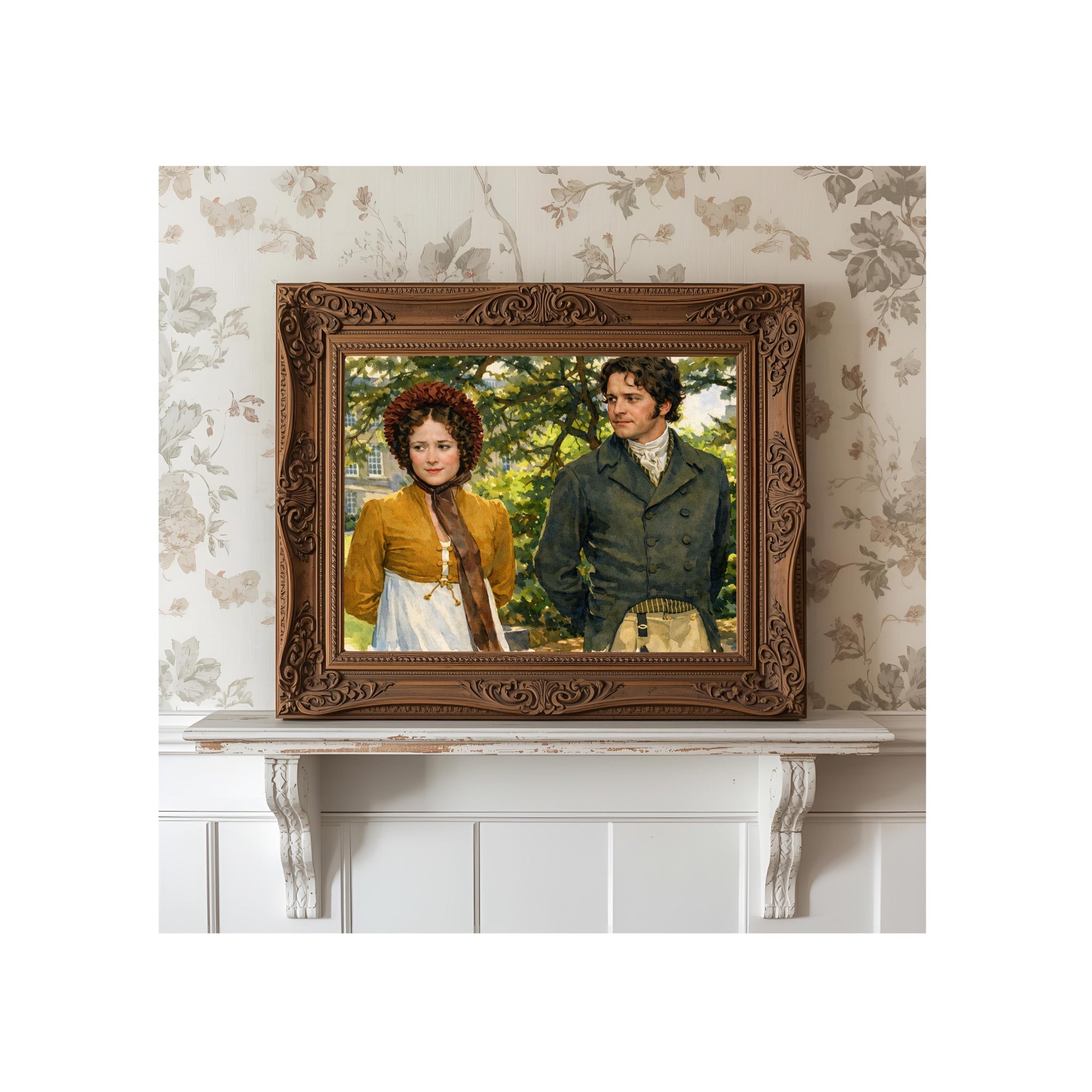 Mr. Darcy and Elizabeth's Pemberley Stroll Art Print Pride and Prejudice Watercolor Painting Jane Austen Artwork Gallery Regency Era Wall Decor