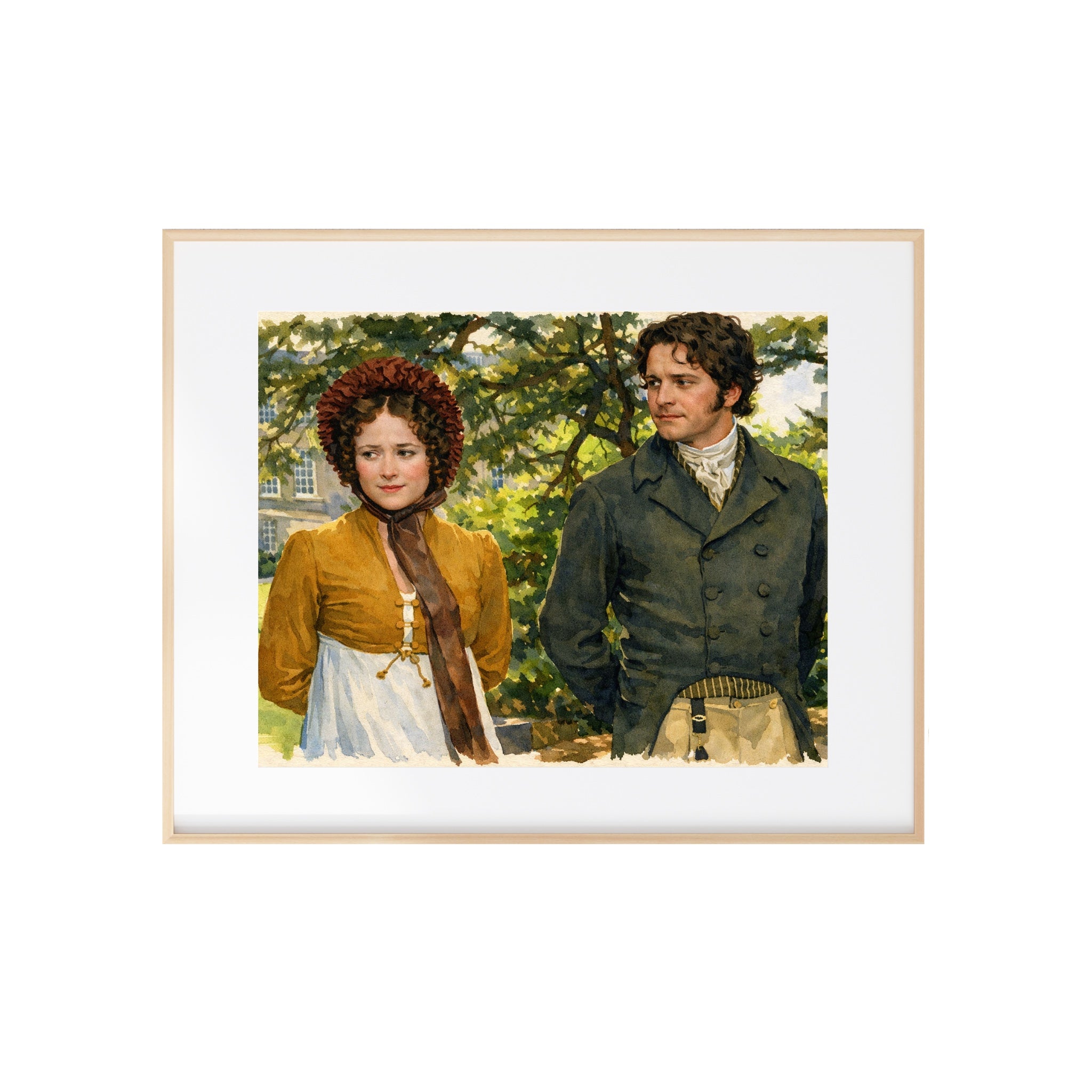 Mr. Darcy and Elizabeth's Pemberley Stroll Art Print Pride and Prejudice Watercolor Painting Jane Austen Artwork Gallery Regency Era Wall Decor