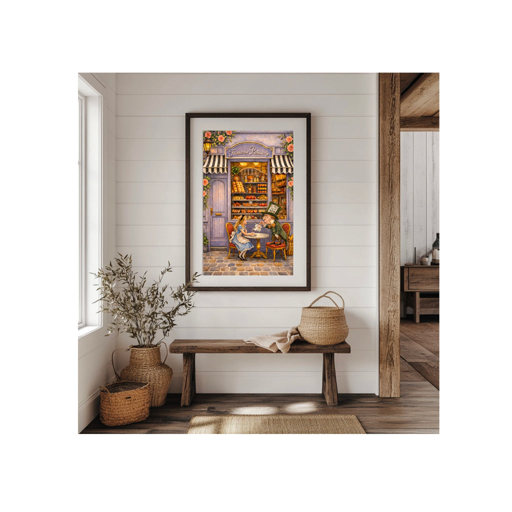 Alice in Wonderland Art Print Vintage Louis Caroll Book Illustration Style Artwork Teatime at Francoise Patisserie Gallery Wall Kid's Room and Nursery Decor