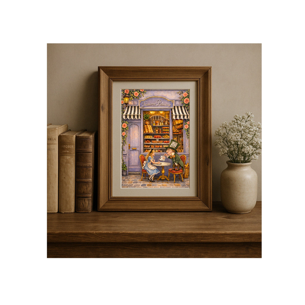 Alice in Wonderland Art Print Vintage Louis Caroll Book Illustration Style Artwork Teatime at Francoise Patisserie Gallery Wall Kid's Room and Nursery Decor