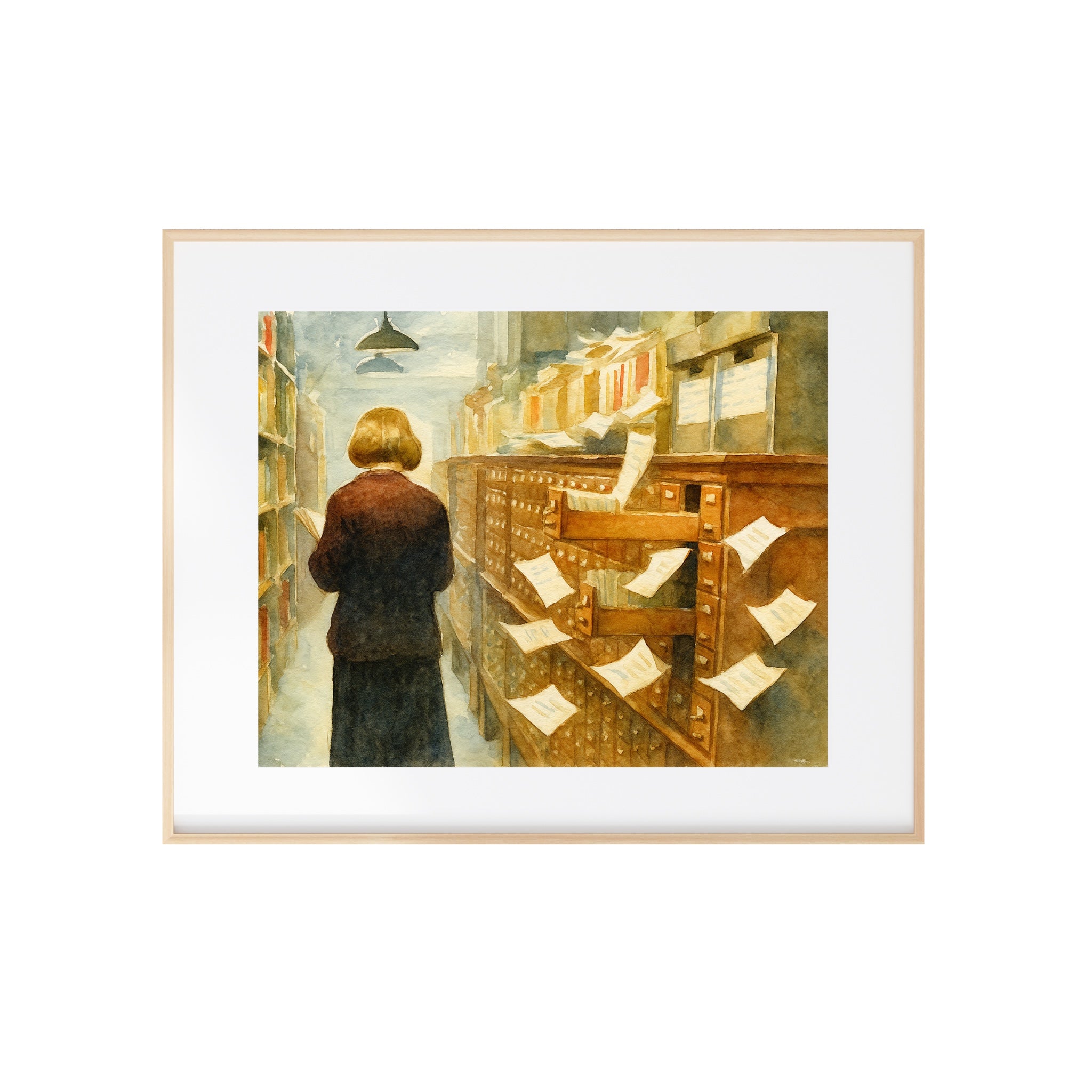 Flying Cards and the Librarian Art Print Haunted Library Watercolor Painting Halloween Artwork 80s Wall Decor