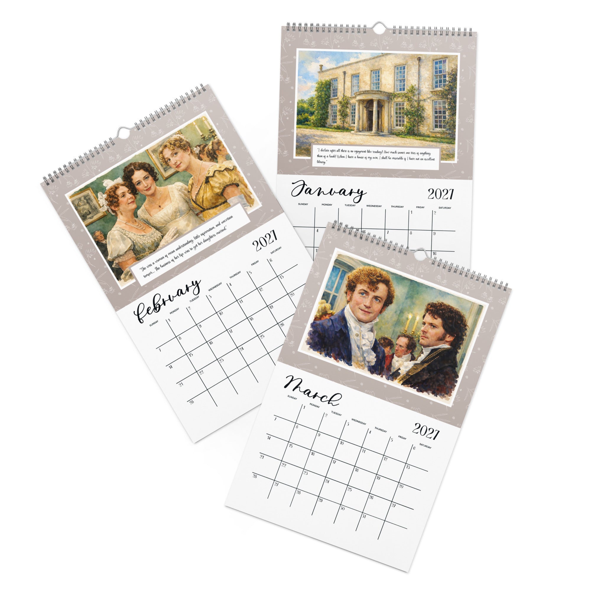 Pride and Prejudice UK 2027 Watercolor Wall Calendar Jane Austen Artwork Bookish Gift Ideas Book Decor Romantic Paintings