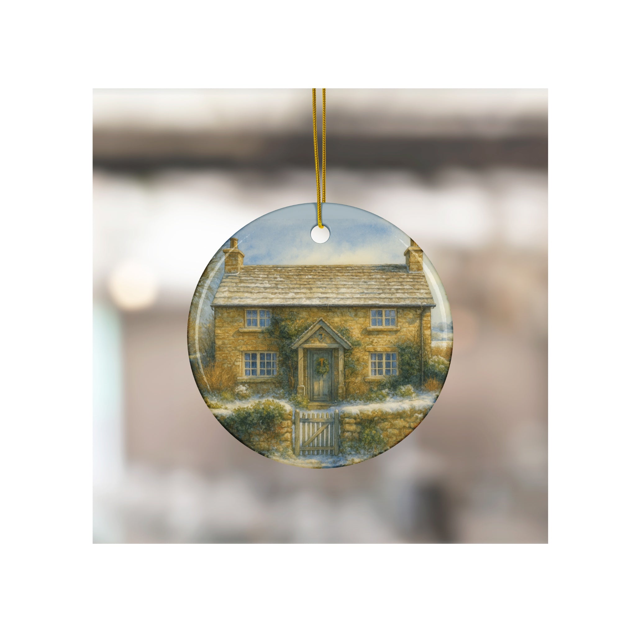 Rosehill Cottage Watercolor Ceramic Ornament Holiday Keepsake Christmas Decor