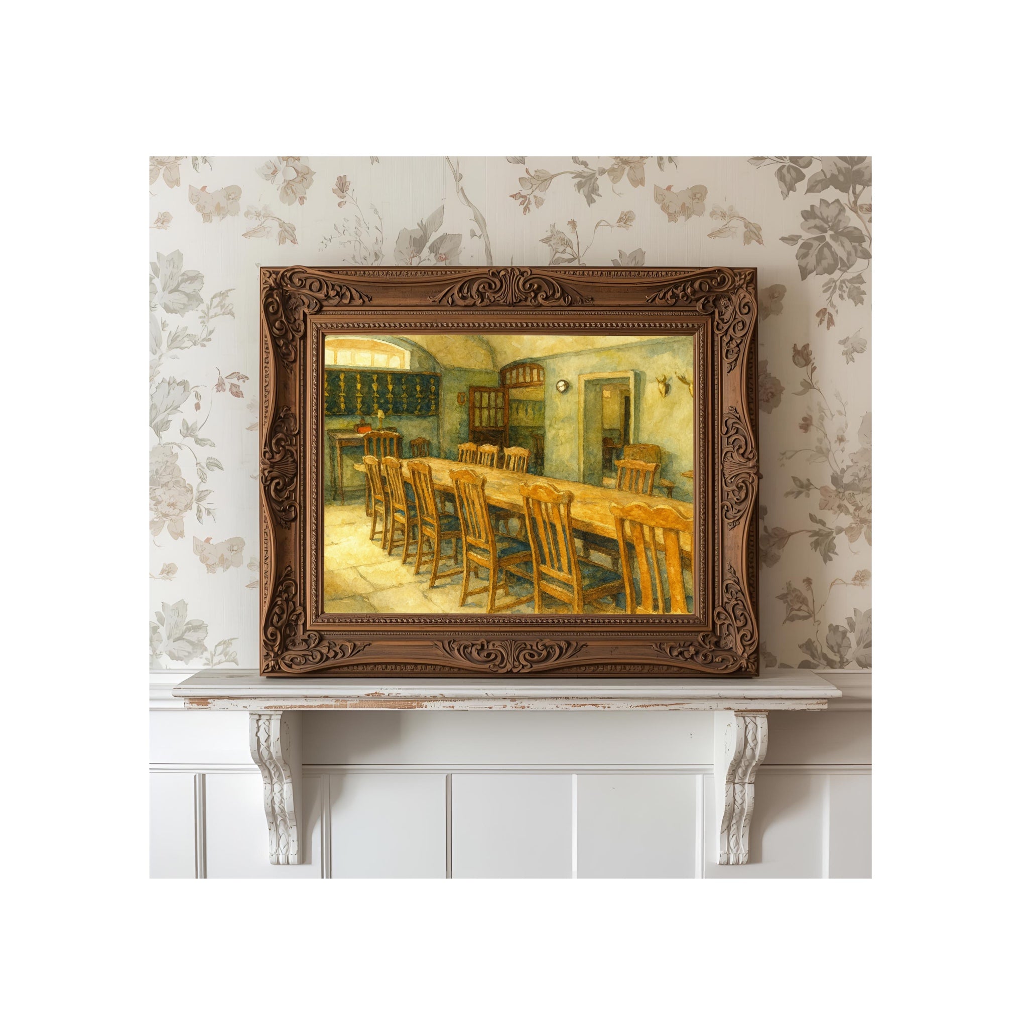 Servant's Hall Dining Room Art Print Downton Abbey Watercolor Painting