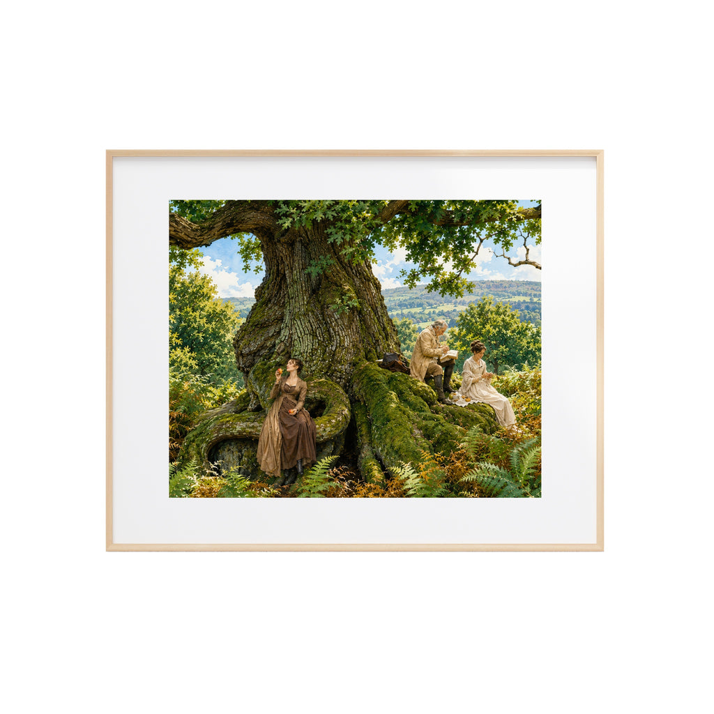 Lizzy with Mr. and Mrs. Gardner Picnic Under a Large Tree Watercolor Art Print