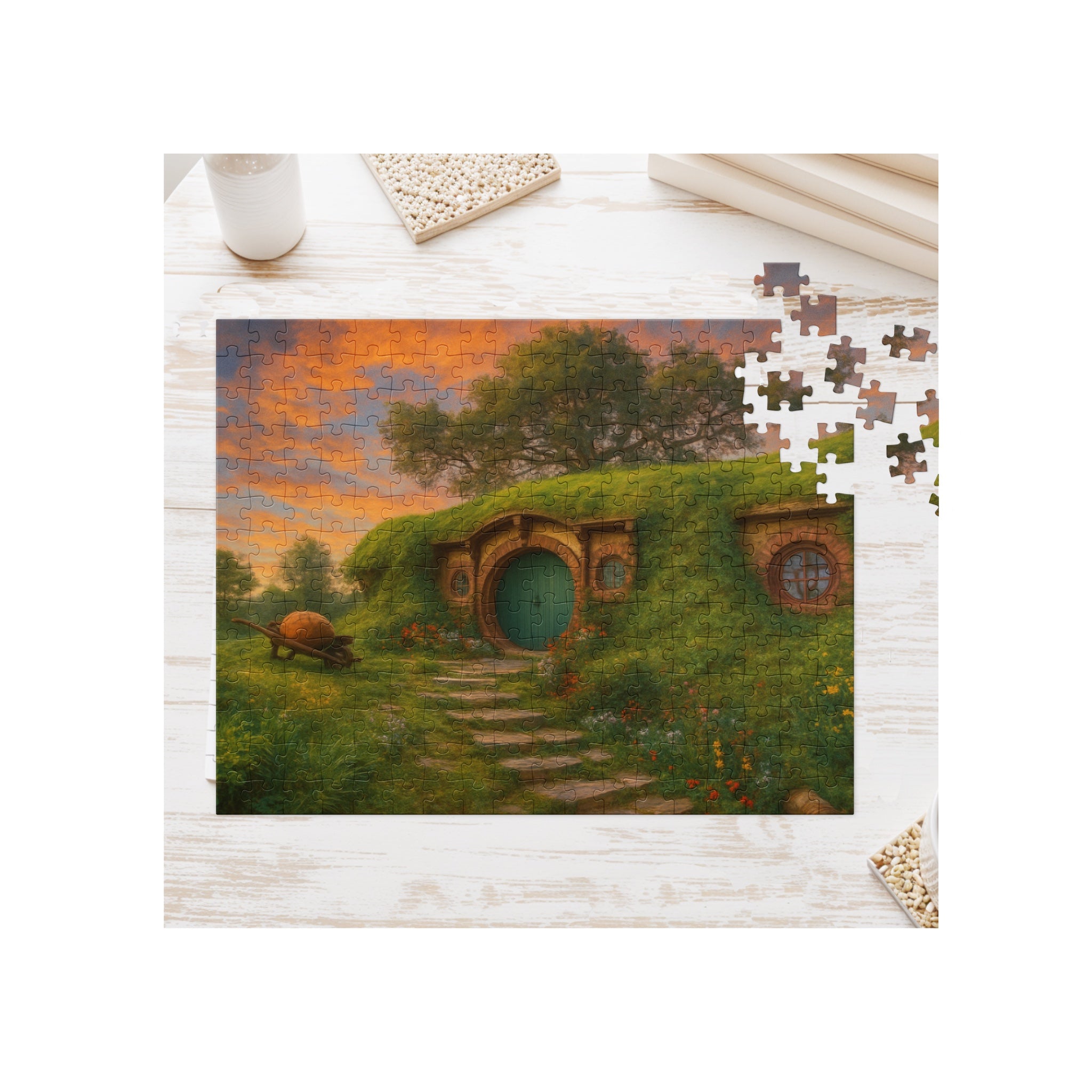 Fantasy House in the Hillside Sunset Watercolor Jigsaw Puzzle