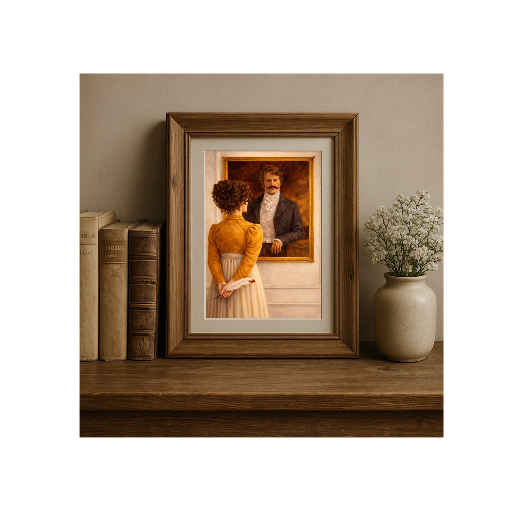 Elizabeth Doodles on Darcy Art Print Pride and Prejudice Humor Jane Austen Watercolor Painting Funny Book Gallery Wall Pemberley Decor