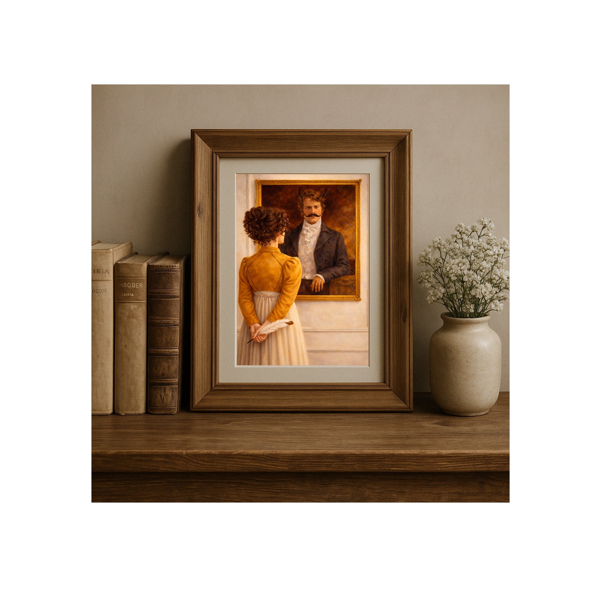 Elizabeth Doodles on Darcy Art Print Pride and Prejudice Humor Jane Austen Watercolor Painting Funny Book Gallery Wall Pemberley Decor
